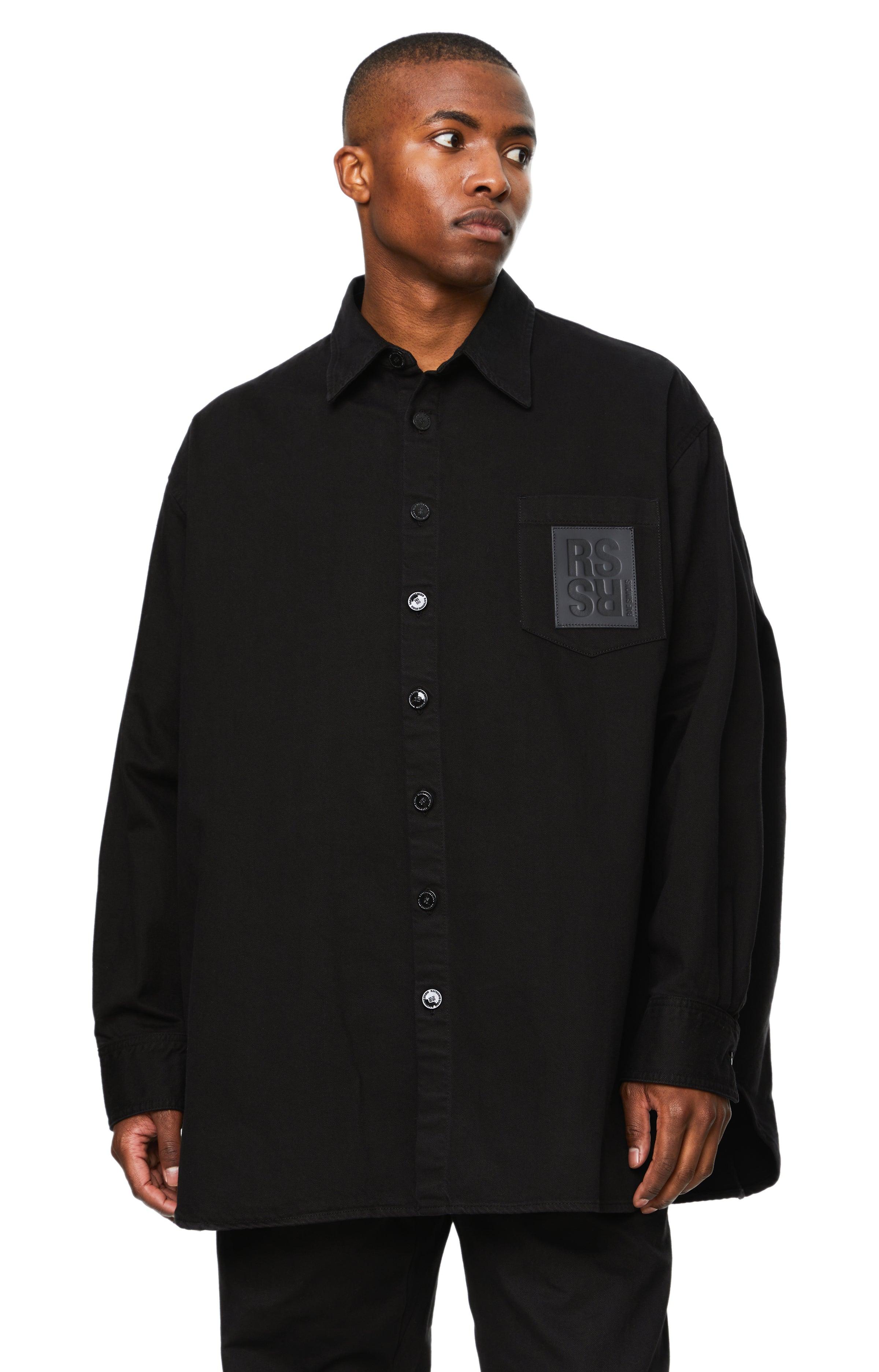 Raf Simons Oversized Denim Shirt W/leather Patch in Black for Men | Lyst UK