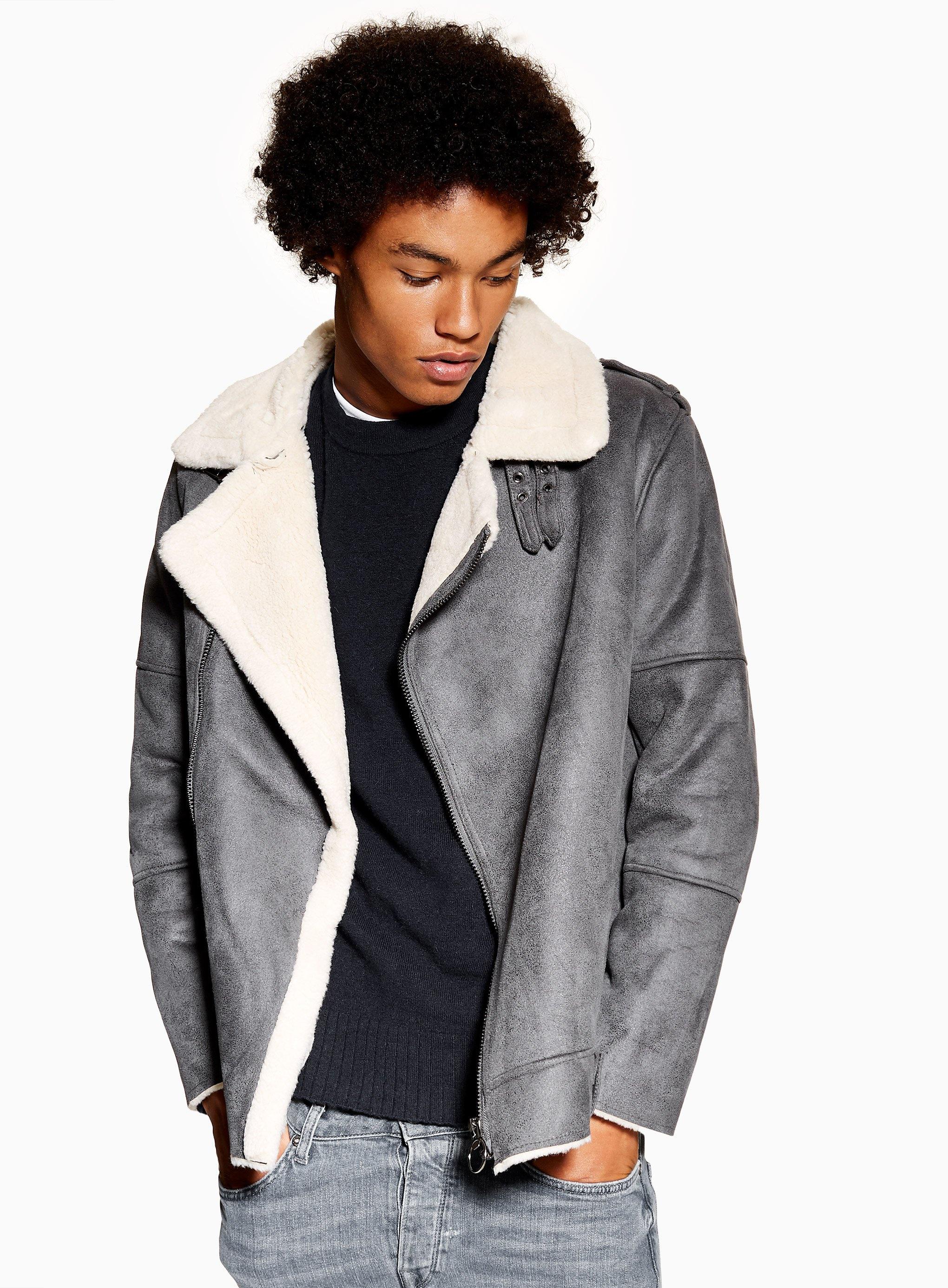 Topman Gray Grey Faux Shearling Biker Jacket For Men