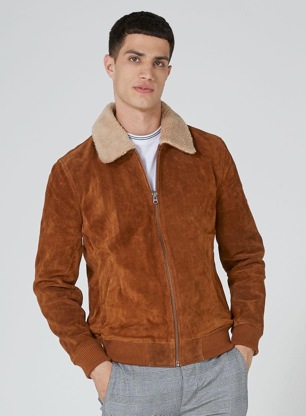 Topman Dark Tan Borg Collar Suede Jacket In Brown For Men Lyst 9659