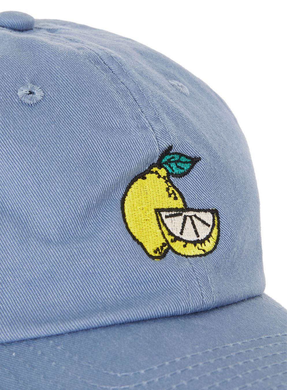 topman washed blue lemon motif curved peak cap in blue for topman washed blue lemon motif curved peak cap in blue for