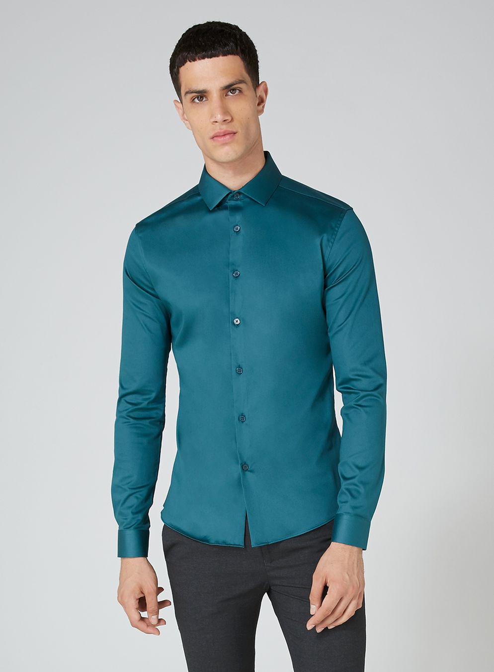 TOPMAN Teal Satin Muscle Fit Shirt in Blue for Men - Lyst