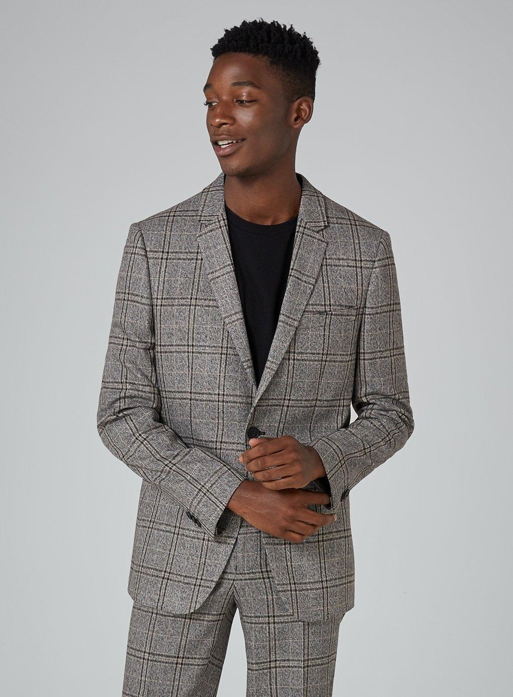 TOPMAN Synthetic Midgrey Check Skinny Suit Jacket in Mid Grey (Gray