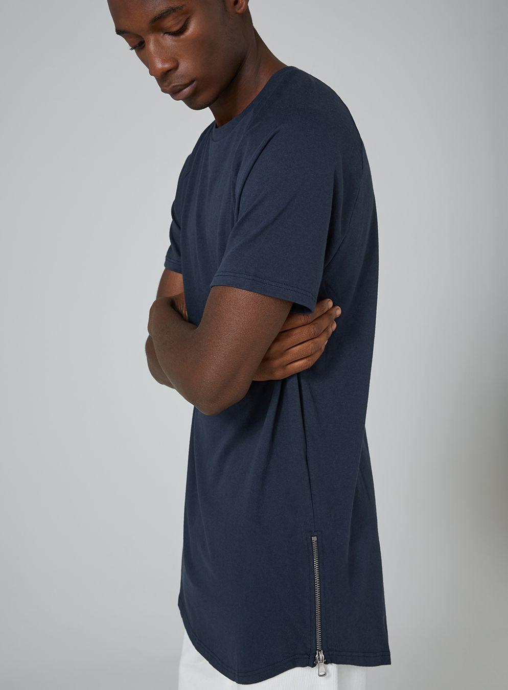 TOPMAN Cotton Navy Side Zip Longline T-shirt in Blue for Men - Lyst