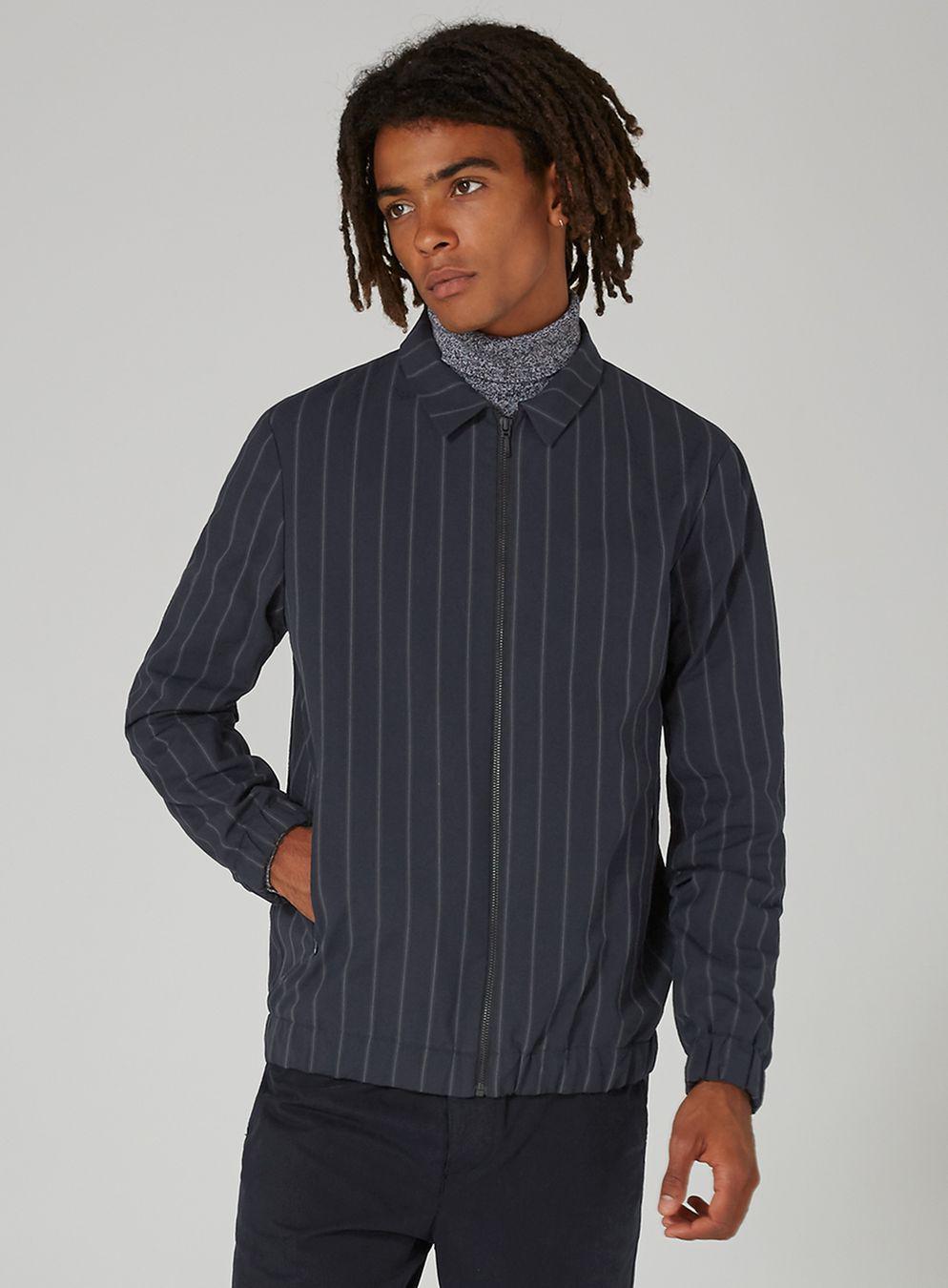 Download TOPMAN Cotton Navy Pinstripe Harrington Jacket in Blue for ...