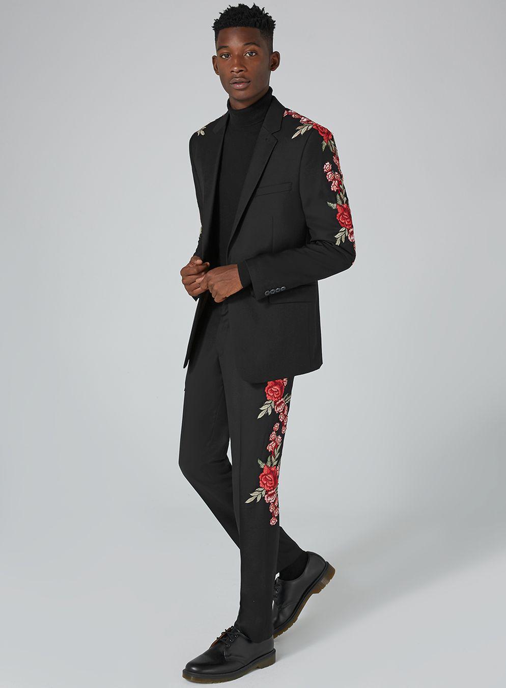 TOPMAN Synthetic Black Rose Embroidered Skinny Fit Suit Jacket for Men