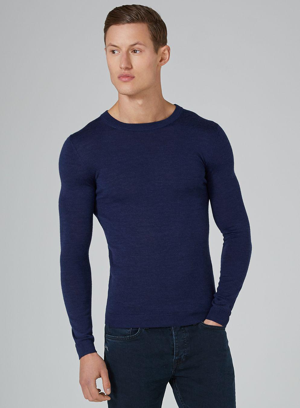Lyst - Topman Navy Muscle Fit Merino Sweater in Blue for Men