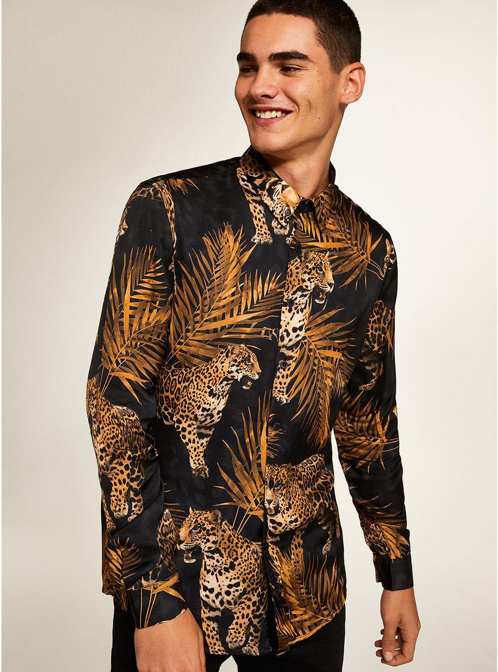 TOPMAN Synthetic Premium Leopard Slim Smart Shirt in Black for Men - Lyst
