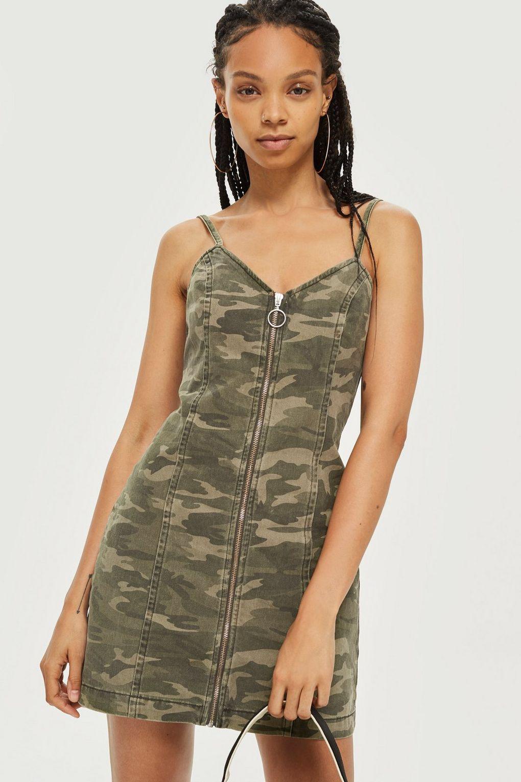 TOPSHOP Camo Zip Up Denim Dress in Green - Lyst