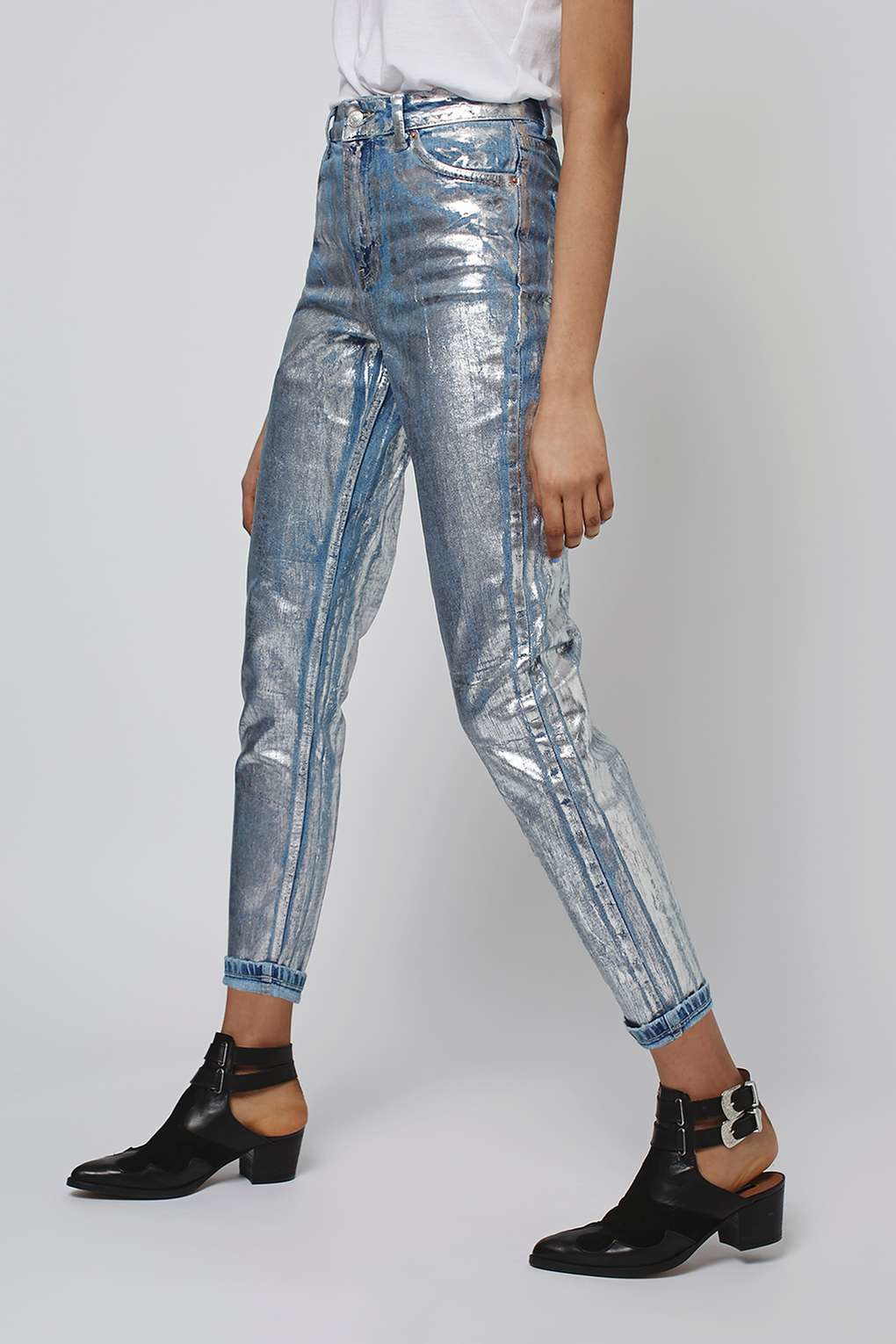 Moto Silver Foil Mom Jeans in Metallic Lyst