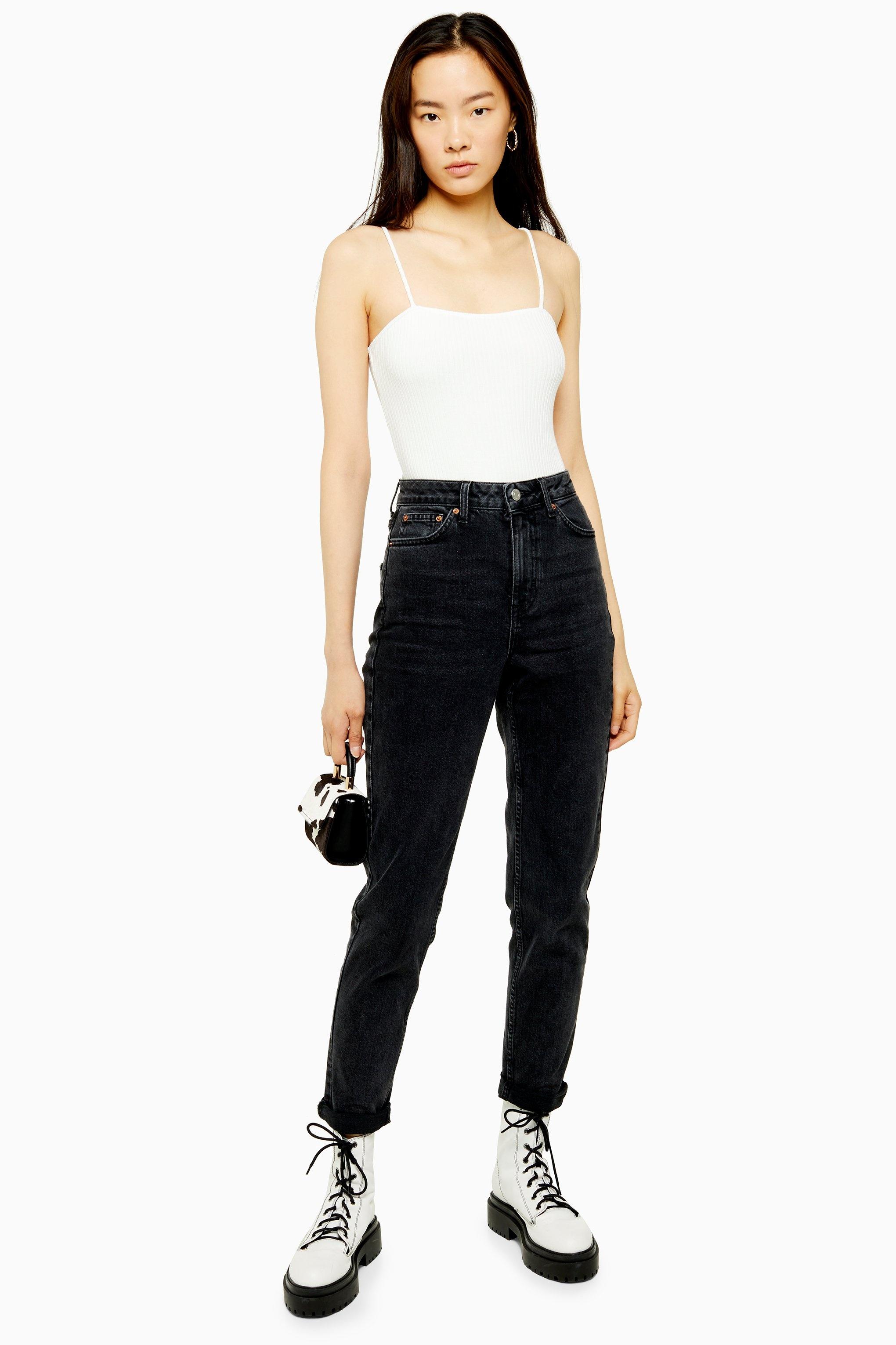 washed black premium mom tapered jeans