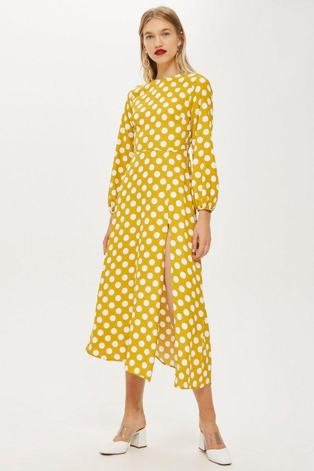 yellow polka dot midi dress