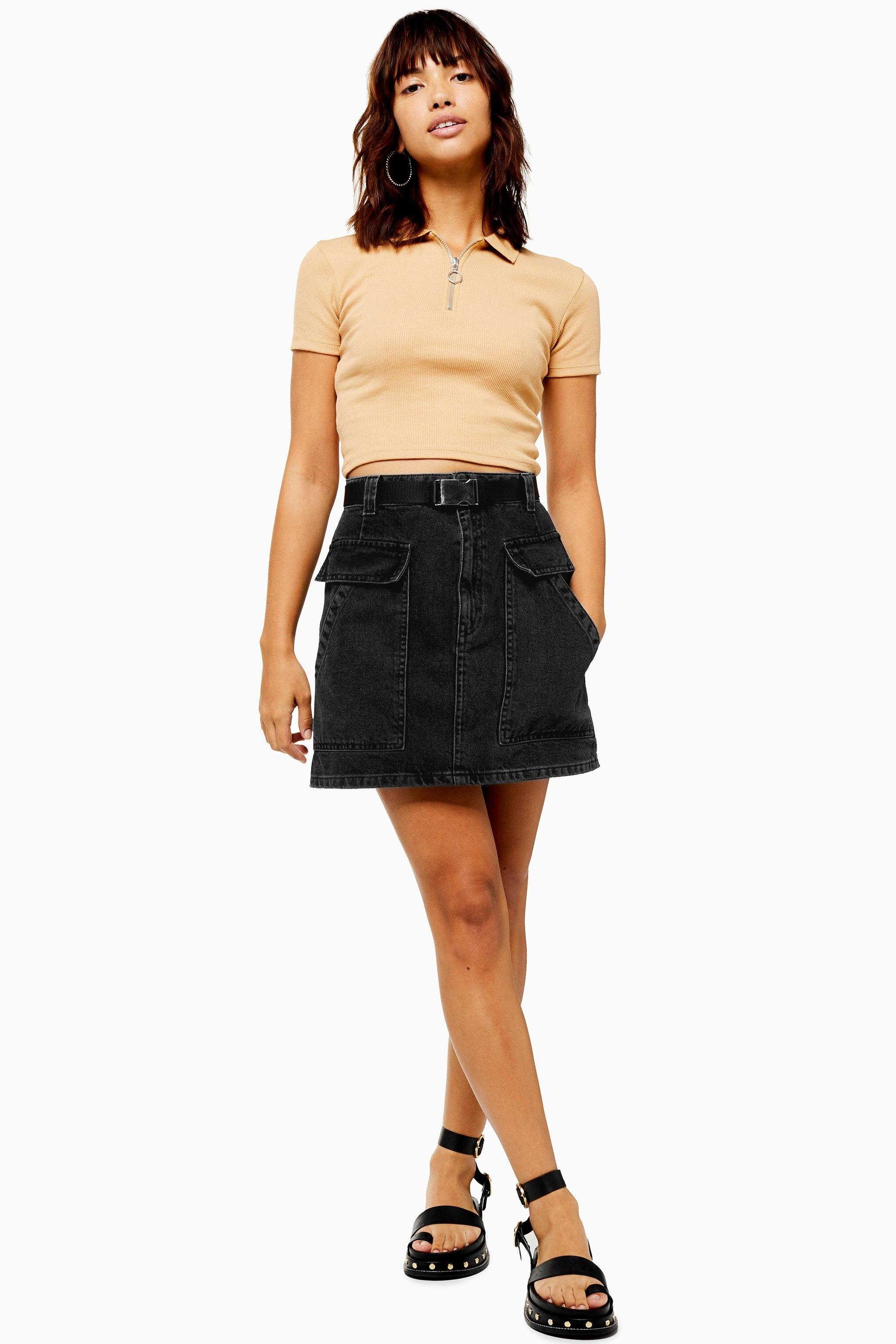 tops with black denim skirt