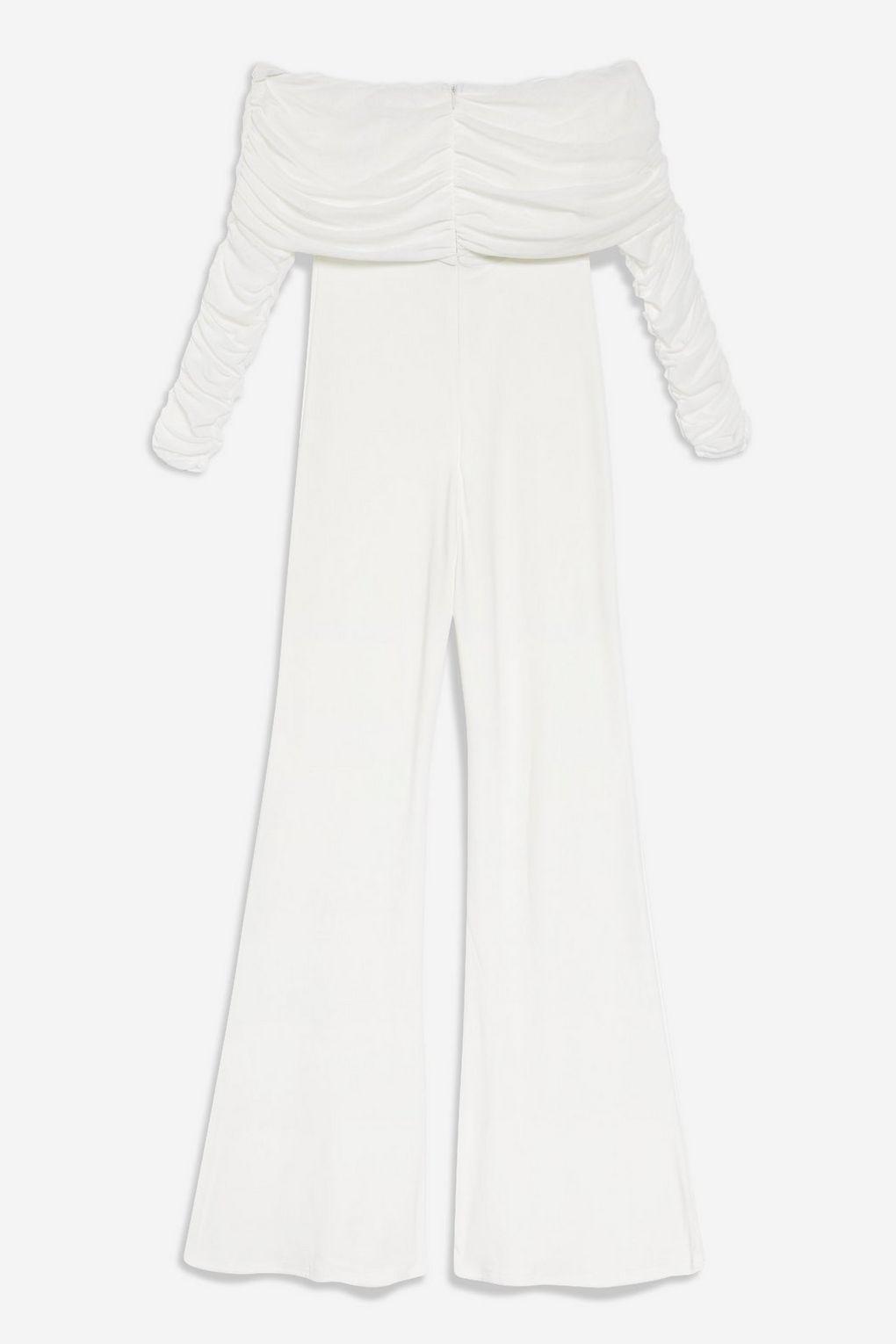 white ruched mesh bardot jumpsuit