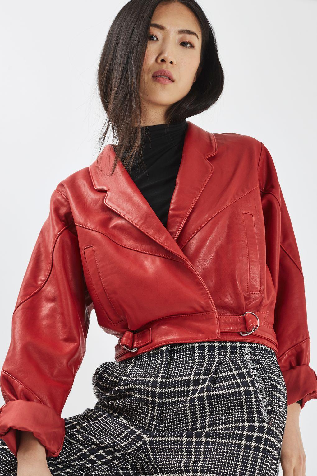 Maggie Cropped Leather Jacket in Red Lyst