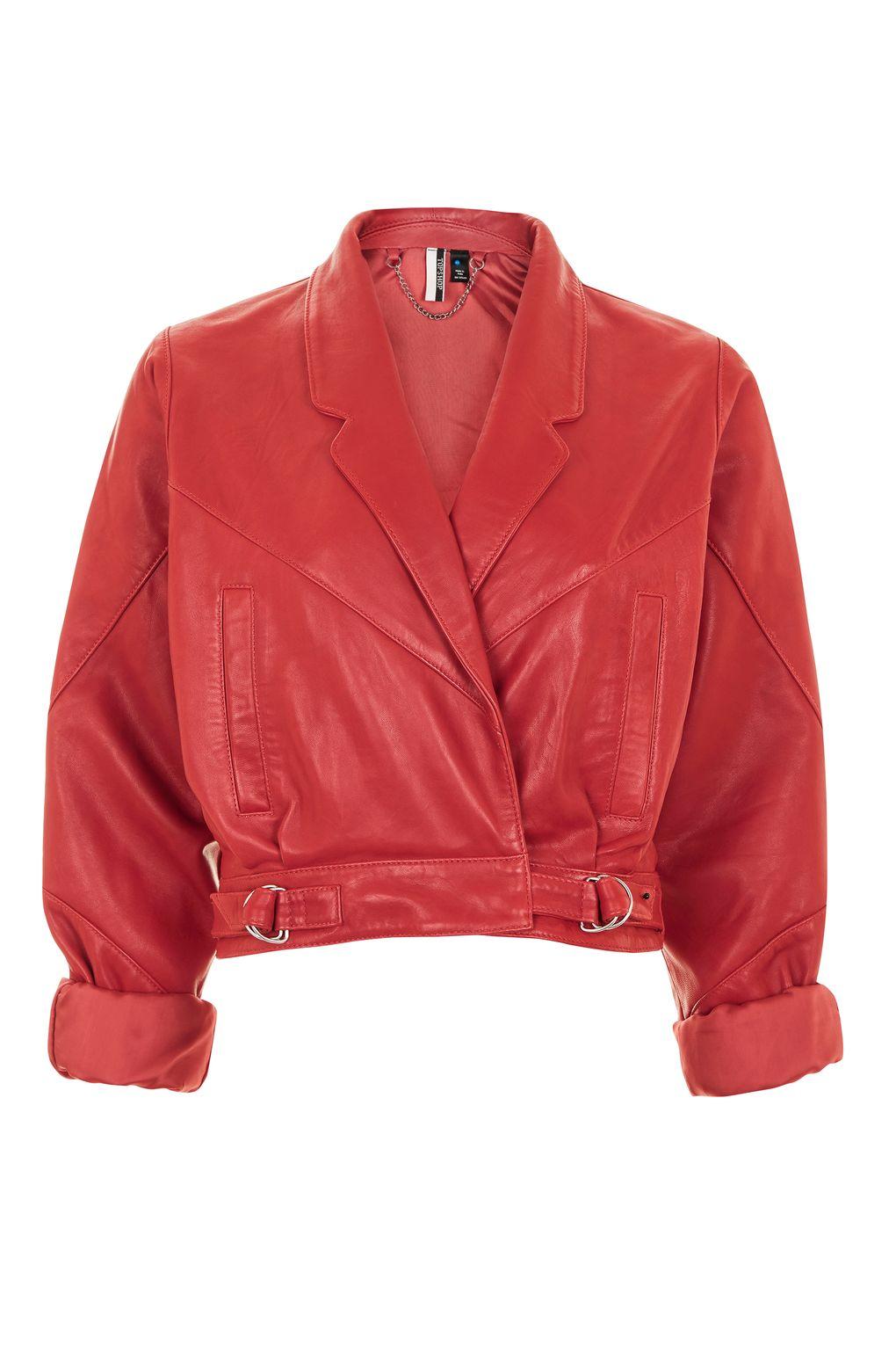 TOPSHOP Maggie Cropped Leather Jacket in Red - Lyst