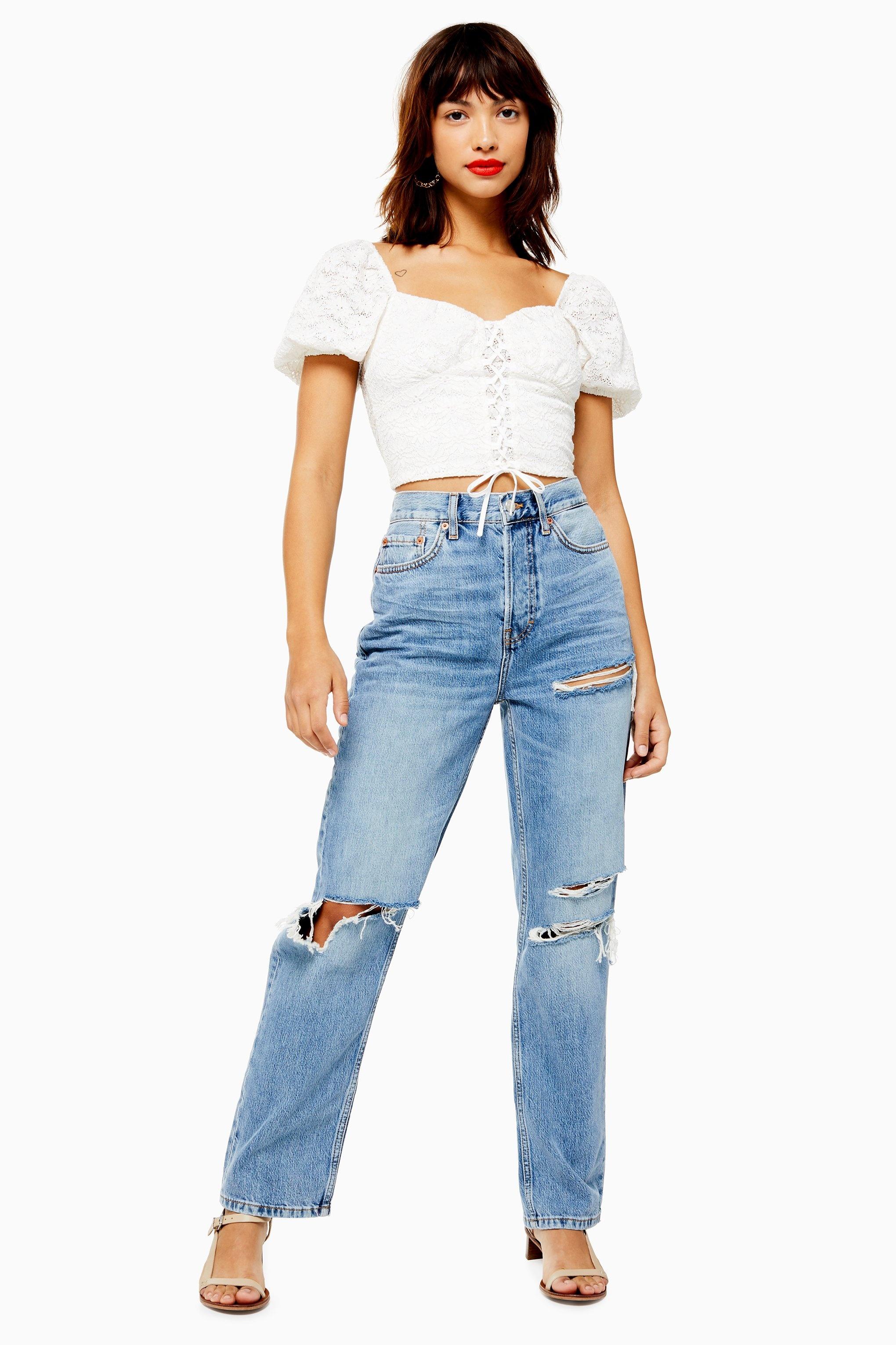 mid blue ripped dad jeans