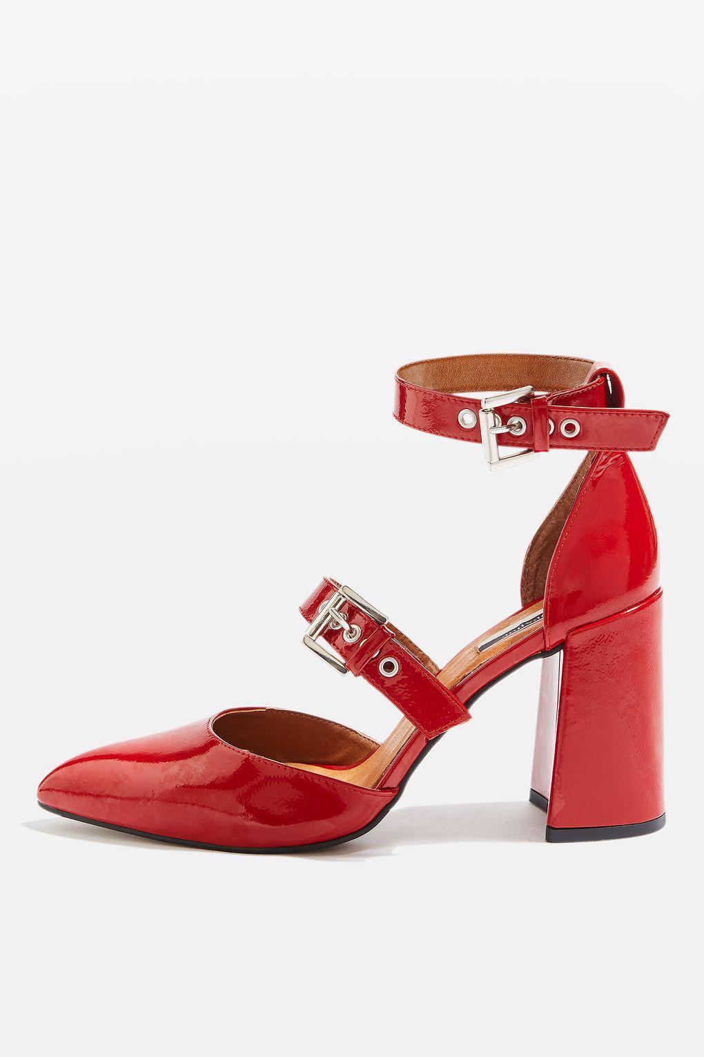 red buckle heels