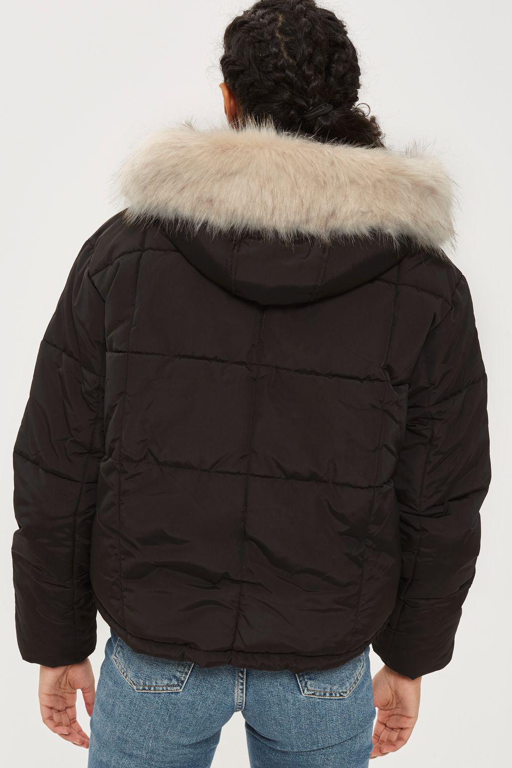 Faux Fur Lined Puffer Jacket in Black Lyst