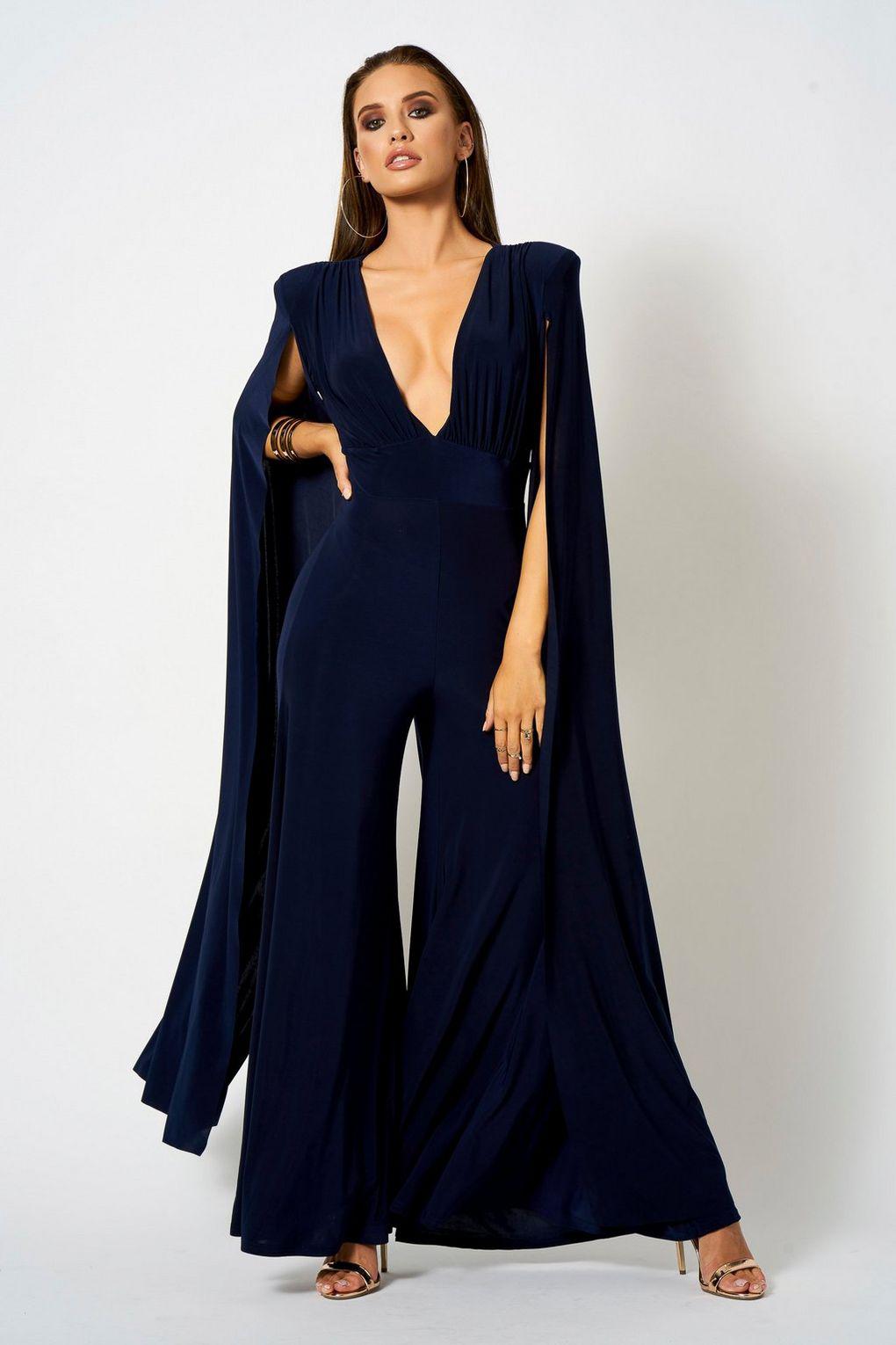 navy plunge front cape jumpsuit