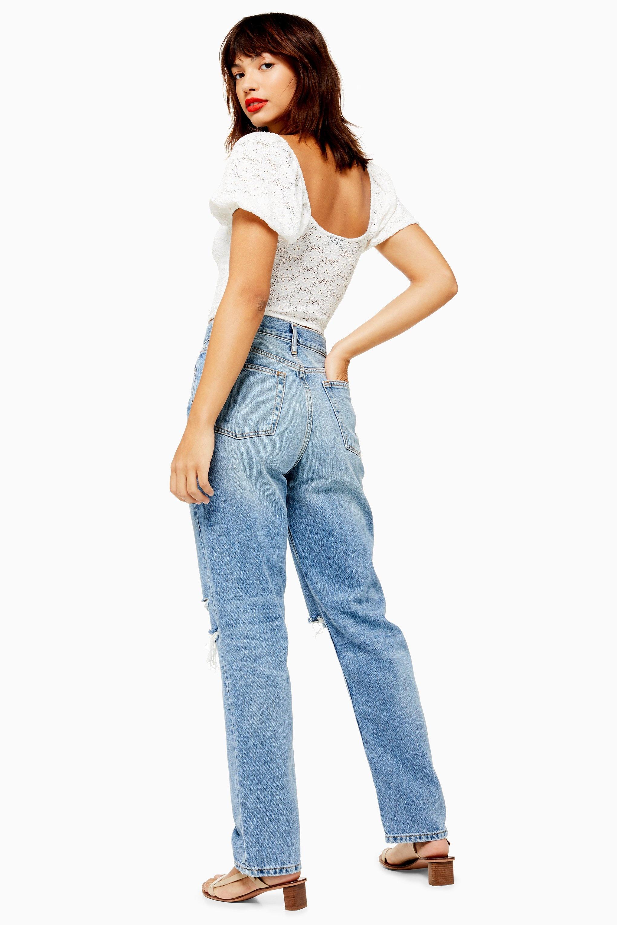 mid blue ripped dad jeans