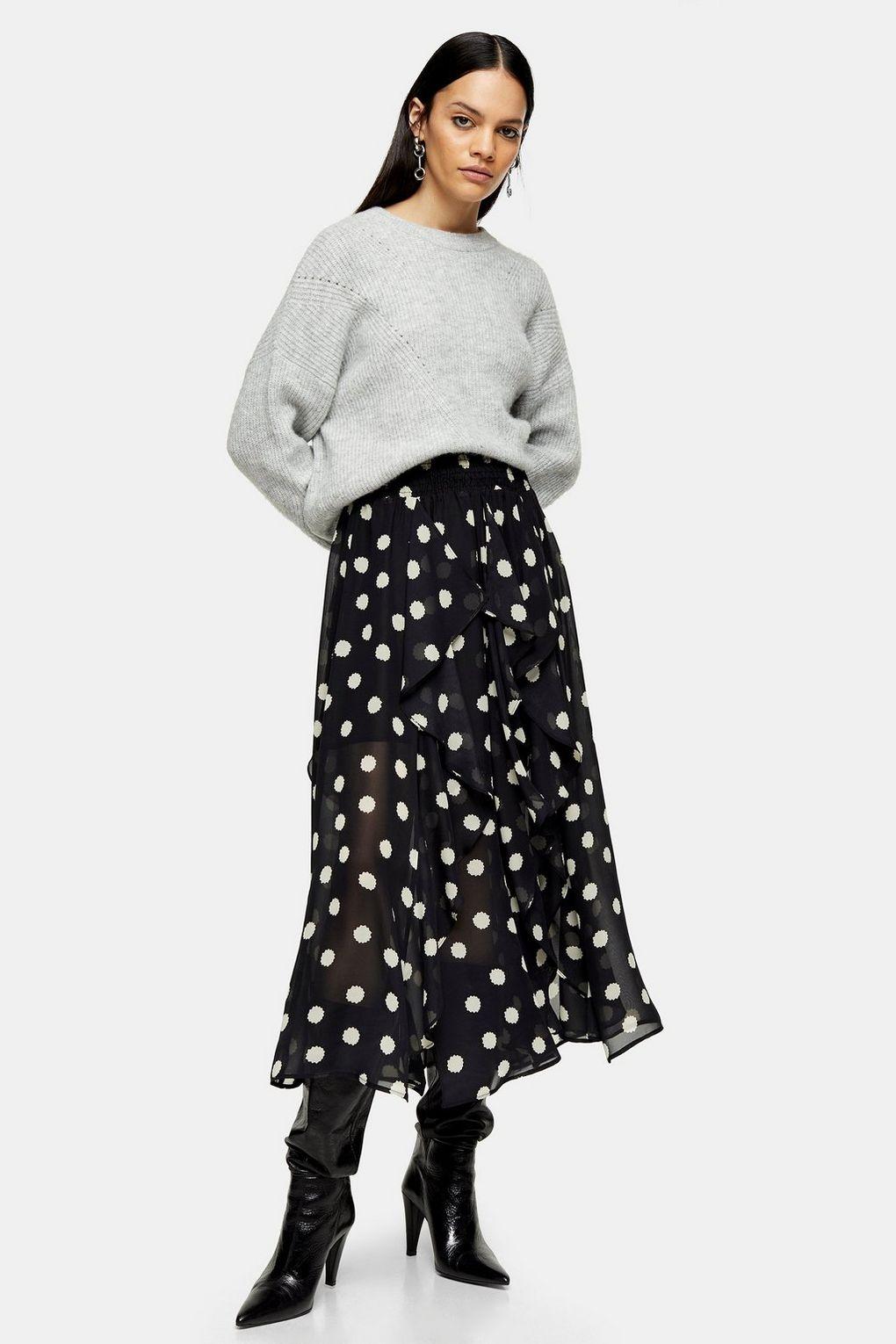 White spot ruffle midi skirt Clearance