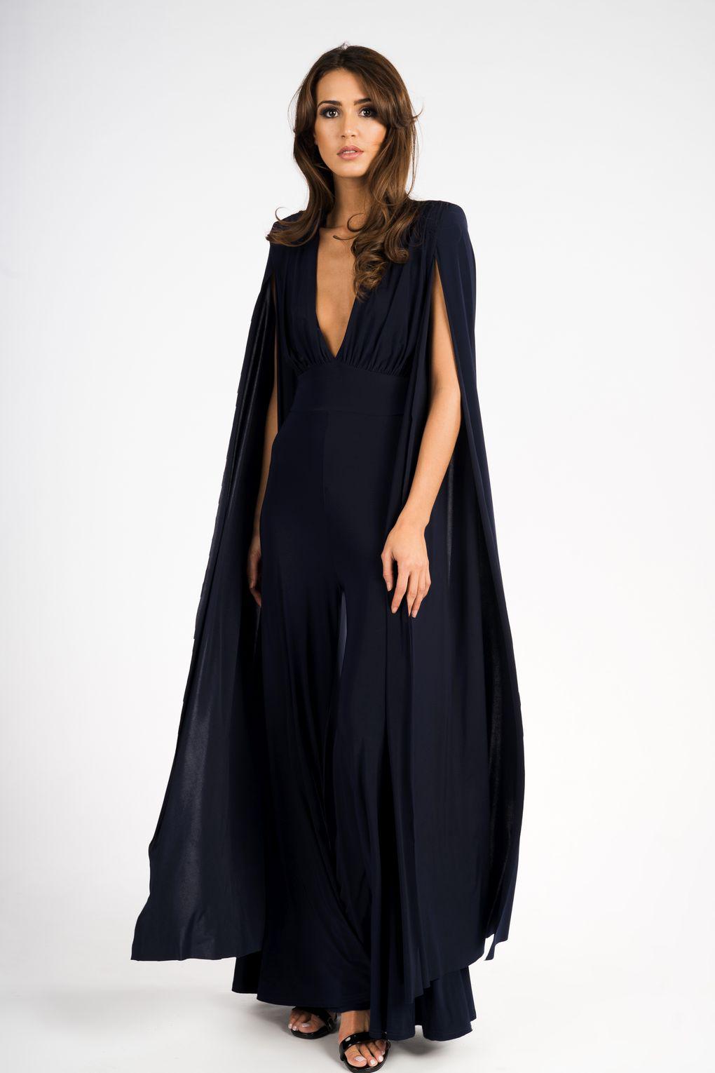 plunge front cape jumpsuit