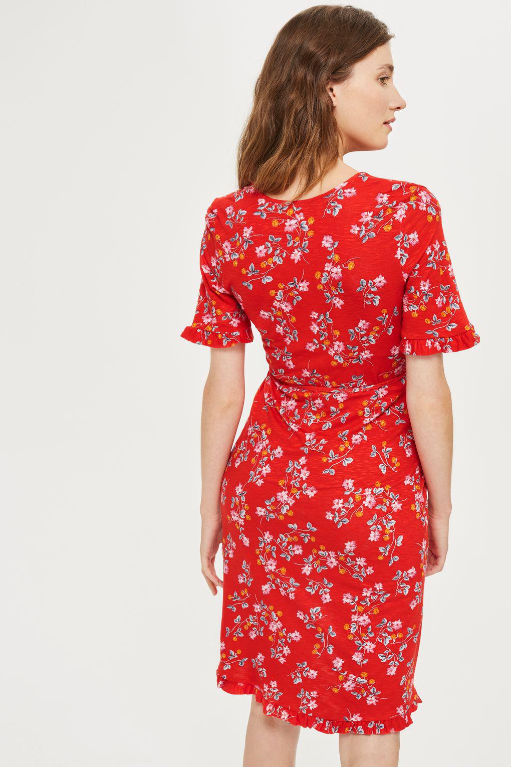 red ditsy wrap dress