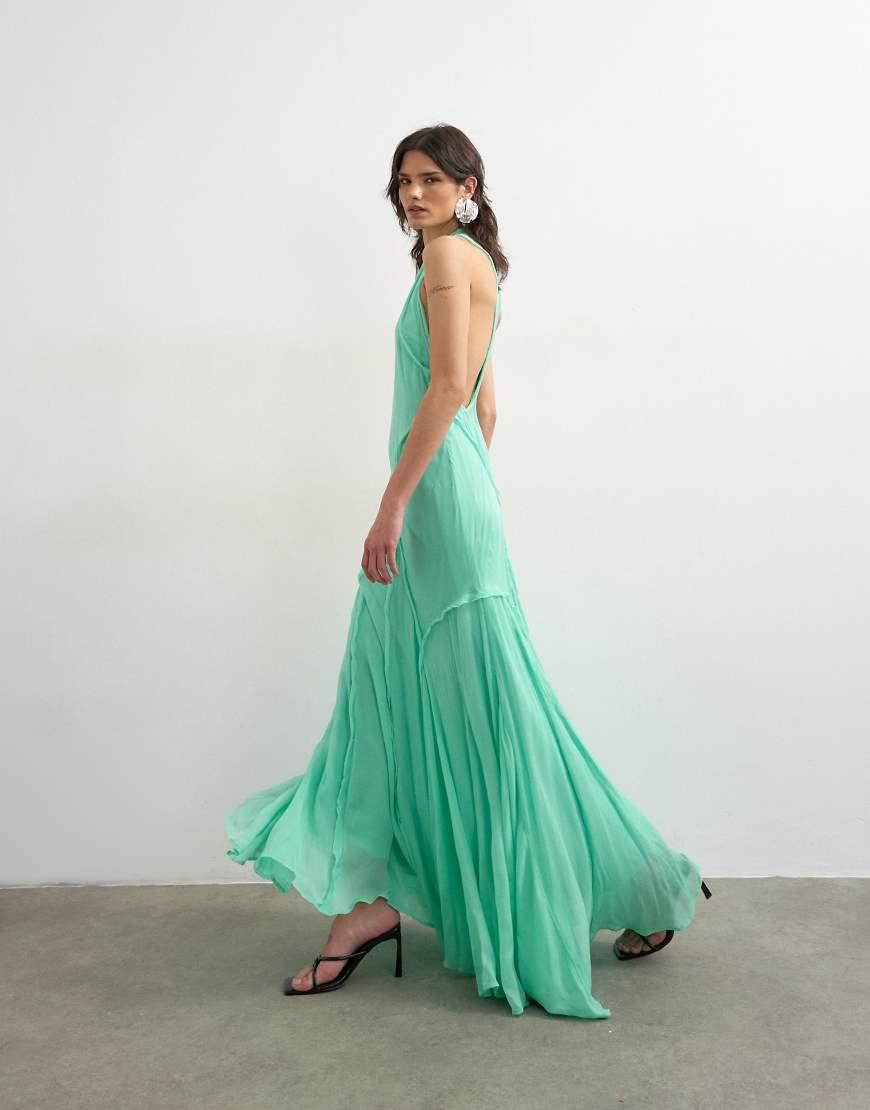 topshop halter maxi dress in green ombre Satin bias halter neck open scoop back maxi dress in lime