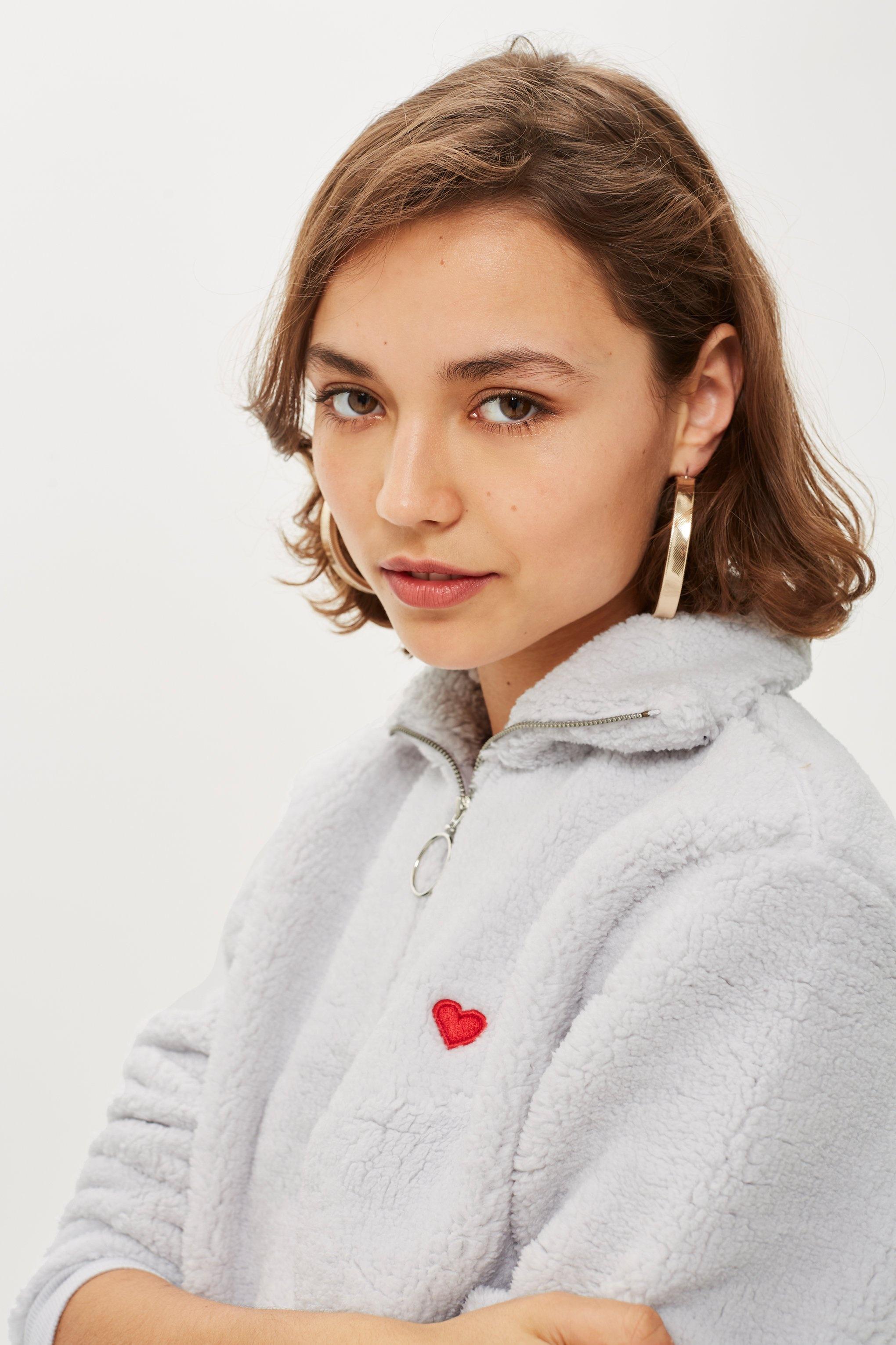 Heart embroidered zip funnel sweatshirt Clearance