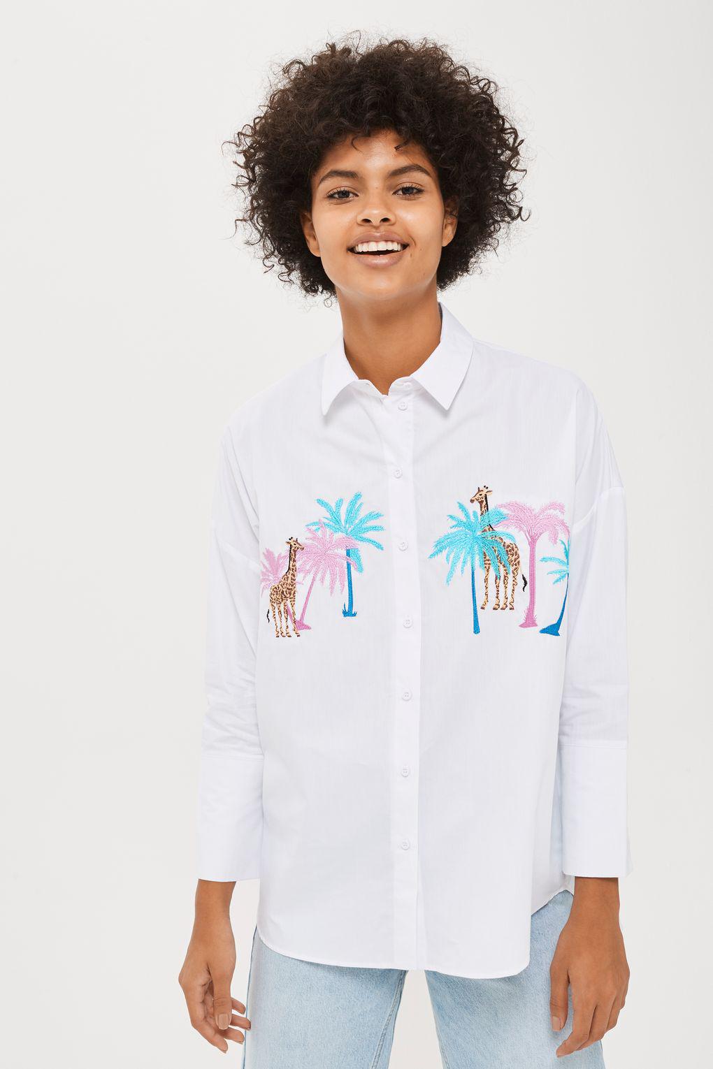 TOPSHOP Cotton Palm And Giraffe Print Shirt in White - Lyst