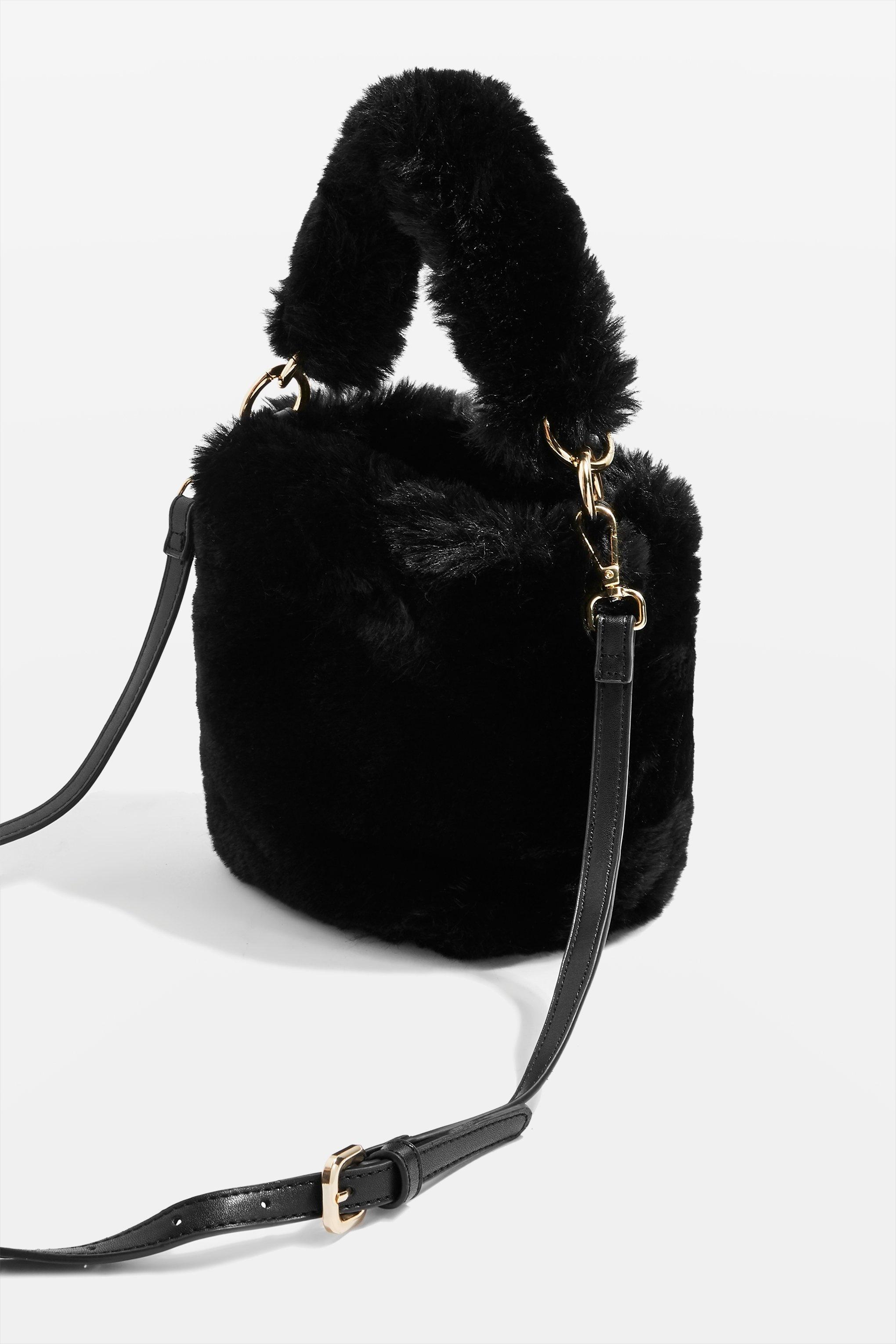 TOPSHOP Synthetic Teddy Faux Fur Bucket Bag in Black - Lyst