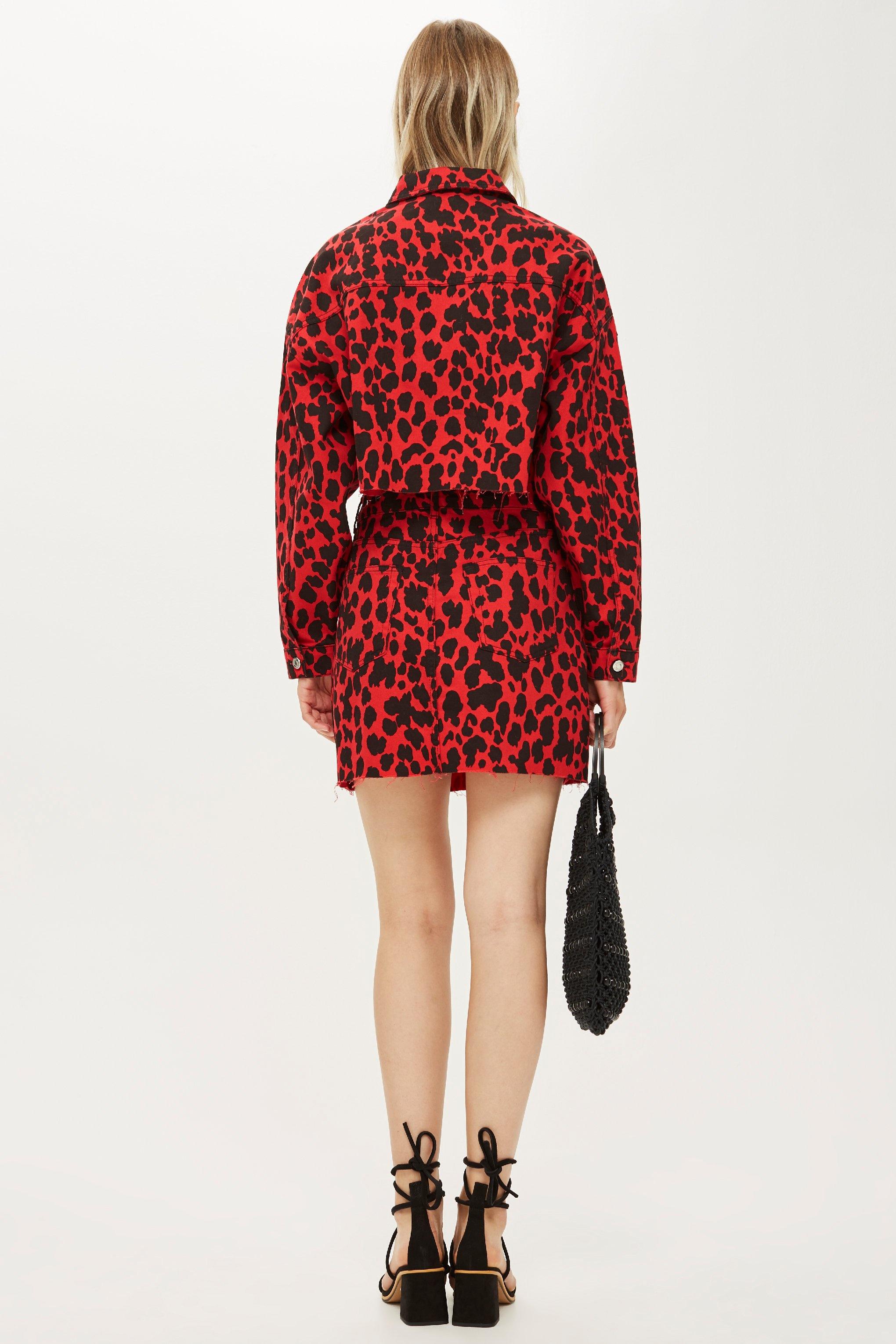 red leopard denim skirt