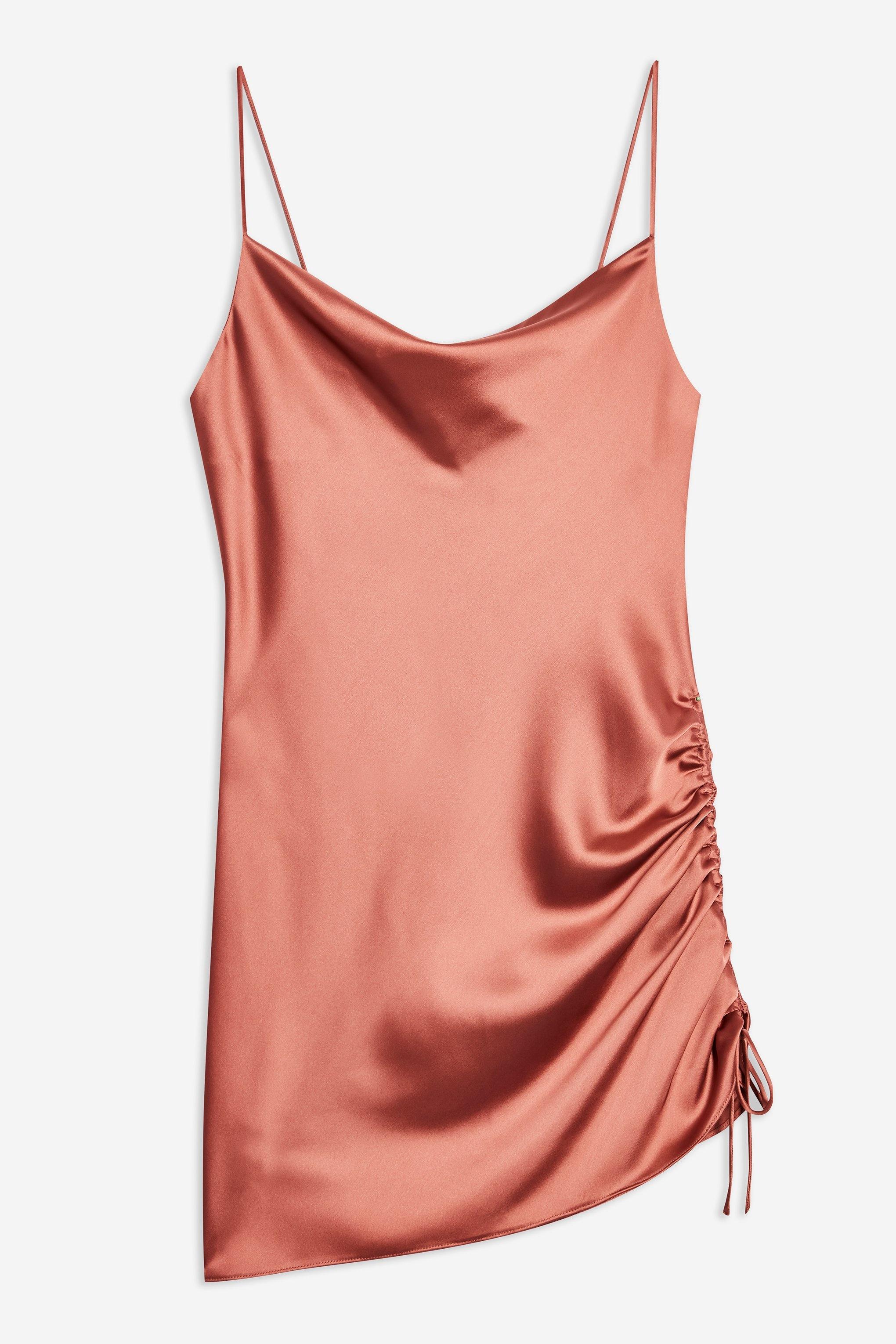 Synthetic Pink Ruched Mini Satin Slip Dress Lyst
