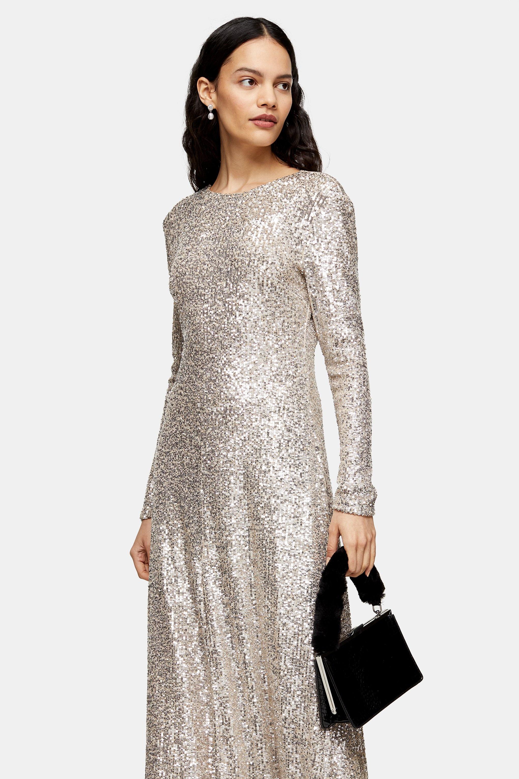 Synthetic Idol Sequin Midi Dress With Gold Sequins in Metallic
