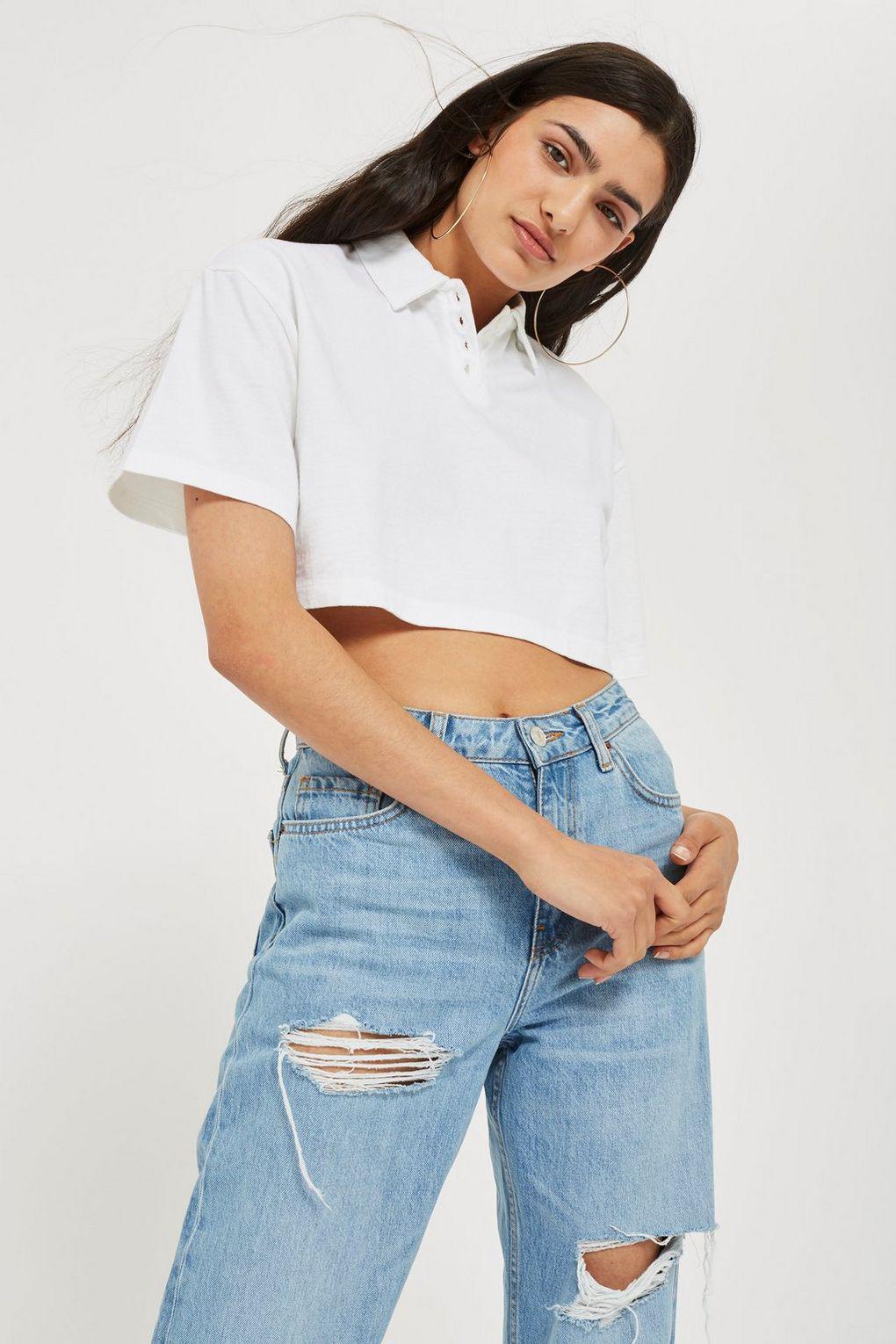 TOPSHOP Cotton Cropped Polo Shirt in 