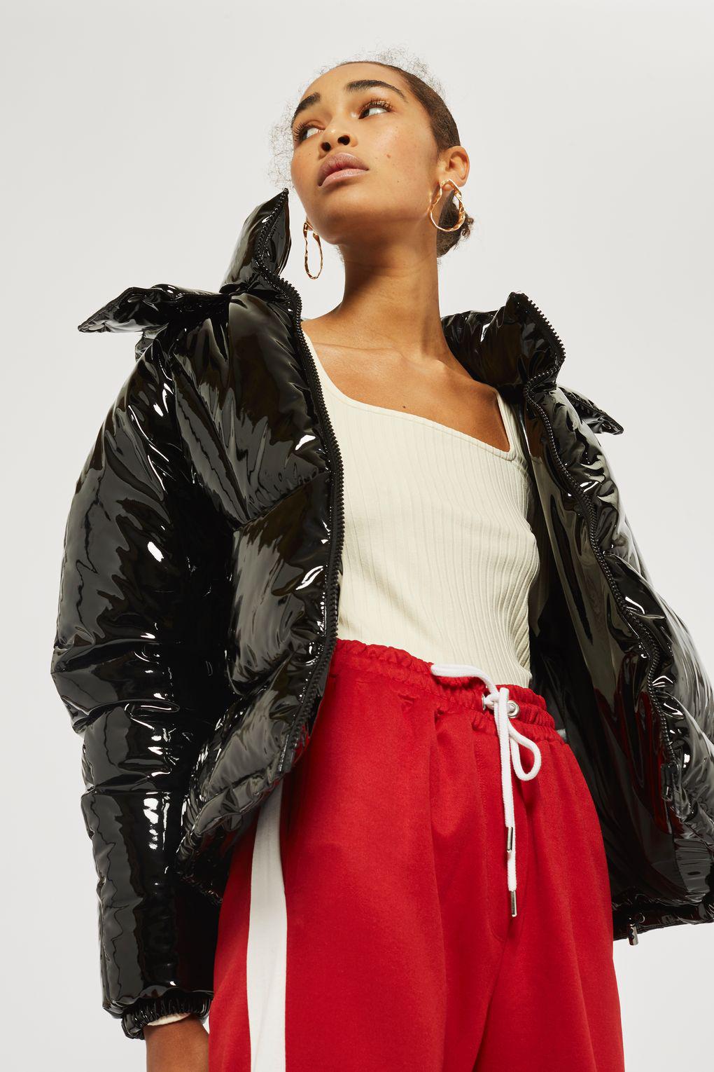 black vinyl puffer jacket with fur hood