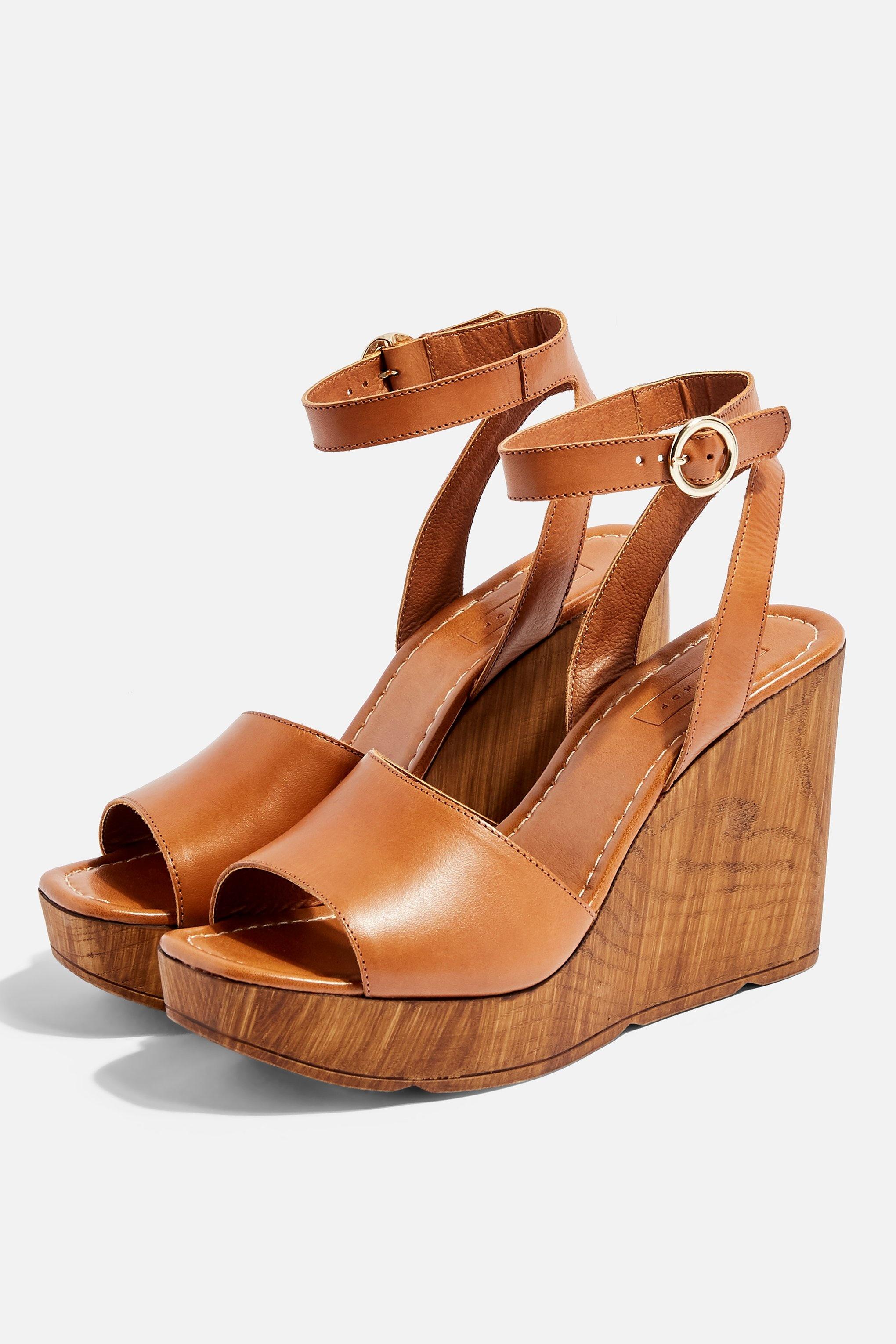 TOPSHOP Leather Wander Tan Wedges in 