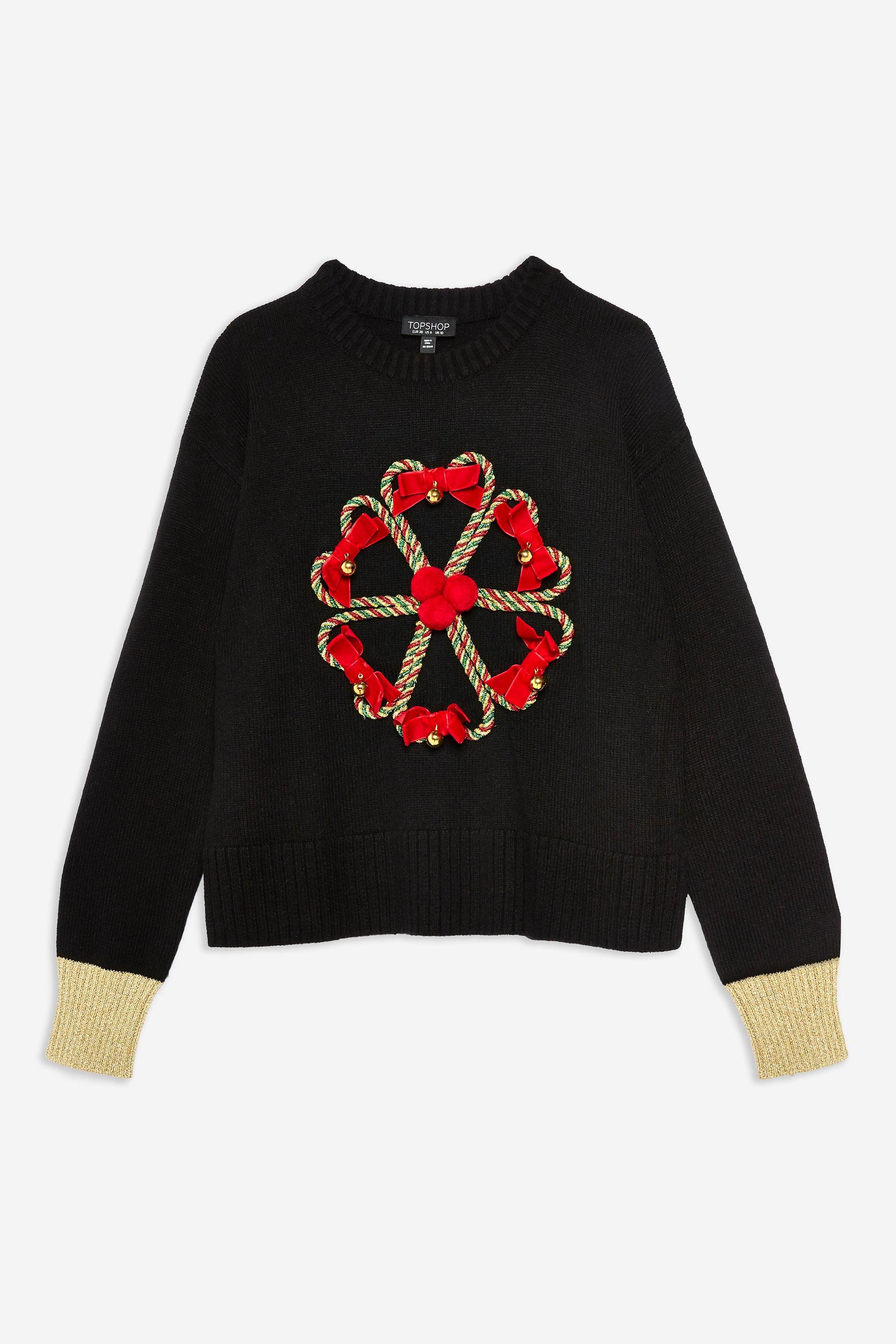 TOPSHOP Christmas Candy Cane Wreath Jumper in Black - Lyst