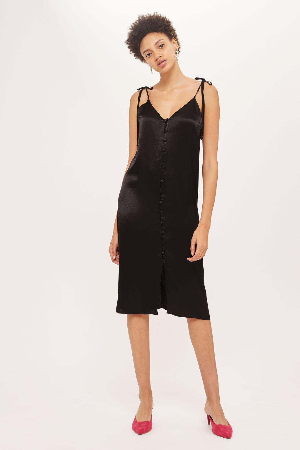 Satin Midi Slip Dress in Black Lyst