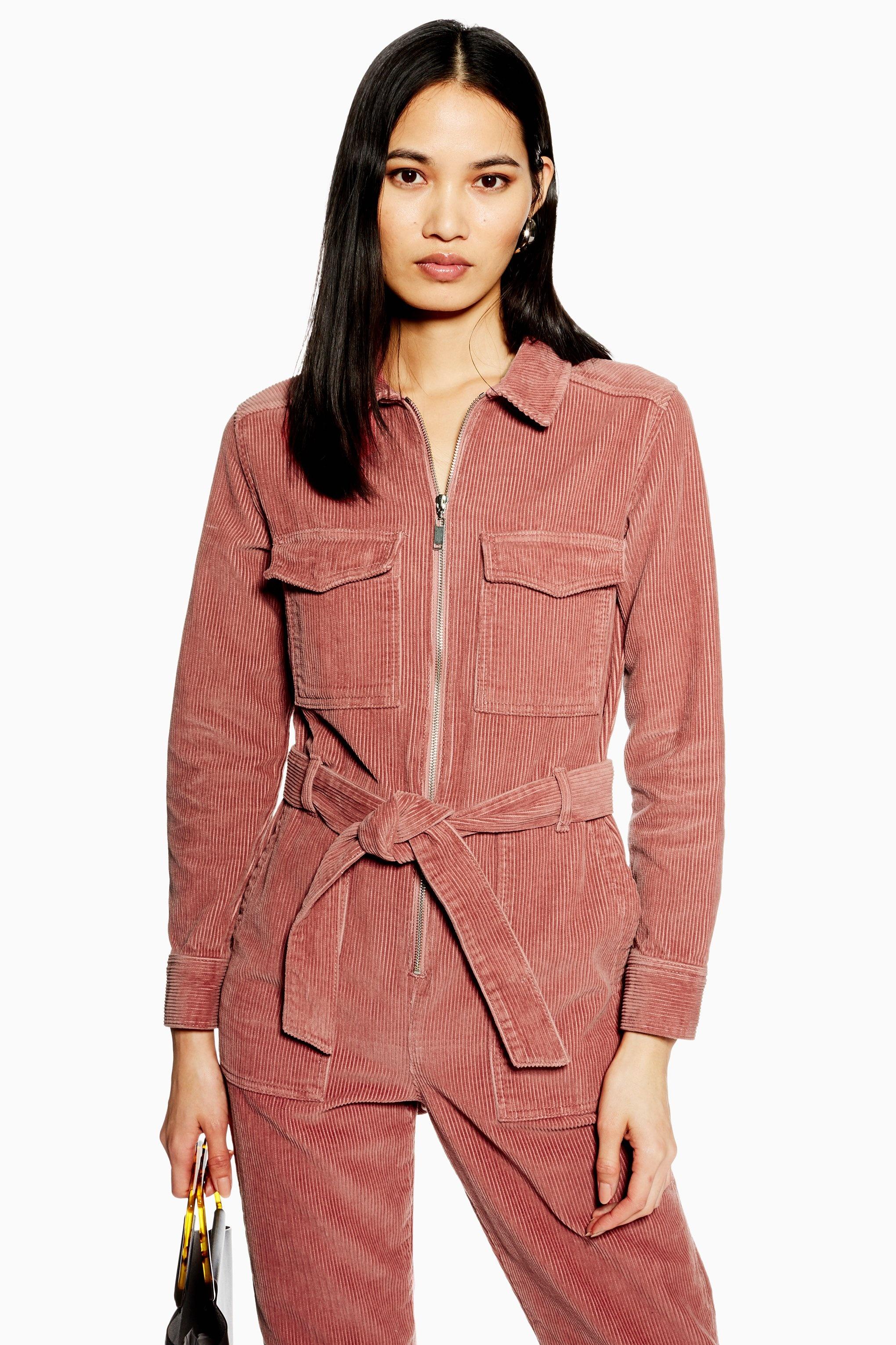 pink corduroy boiler suit