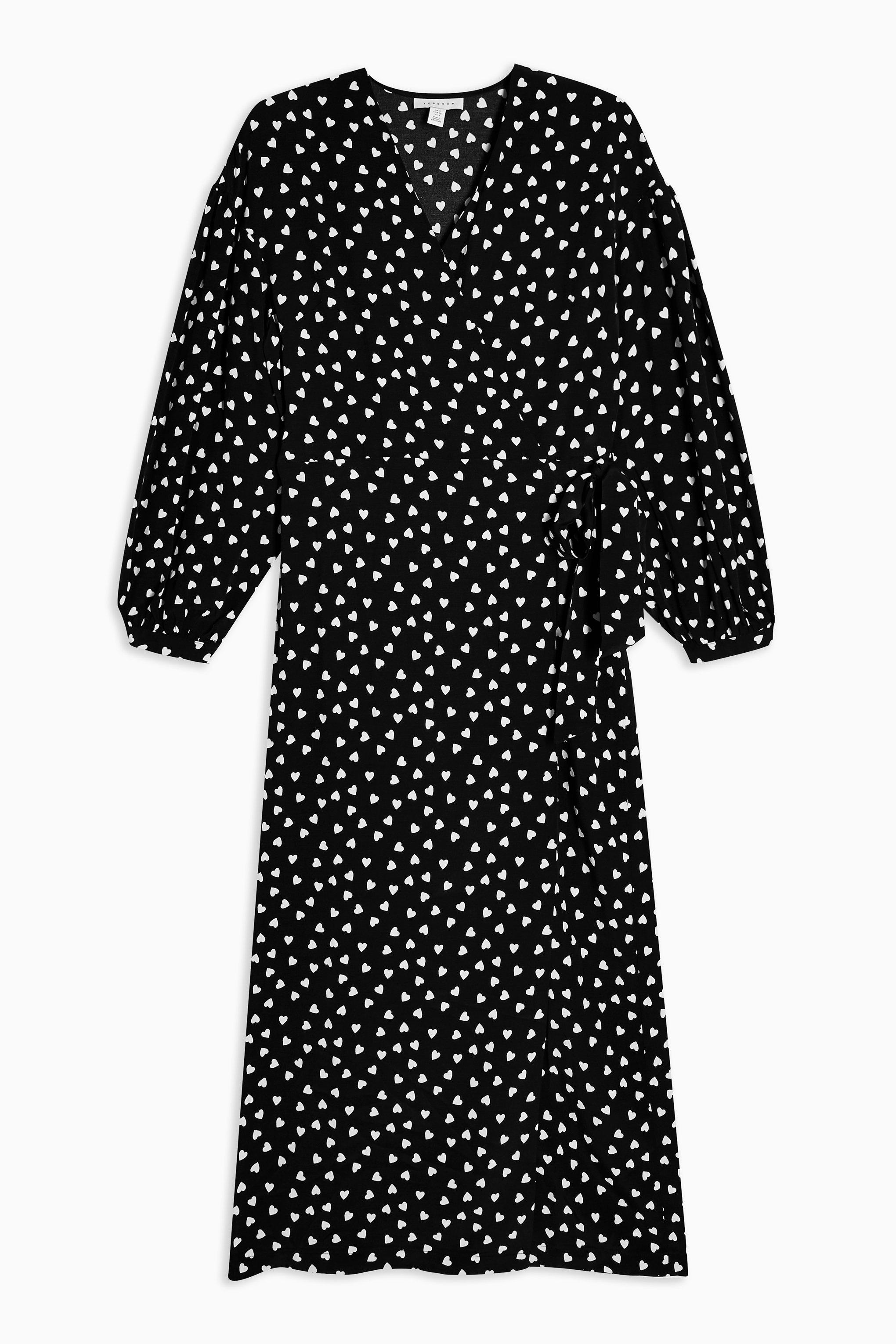 black and white heart print wrap dress