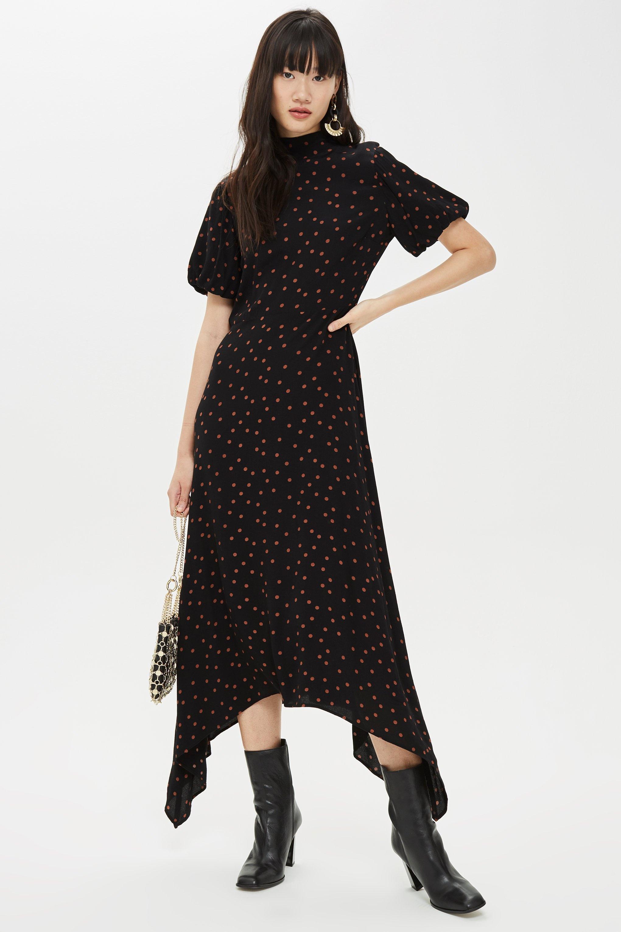 Synthetic Spot Hanky Hem Midi Dress in Black Lyst