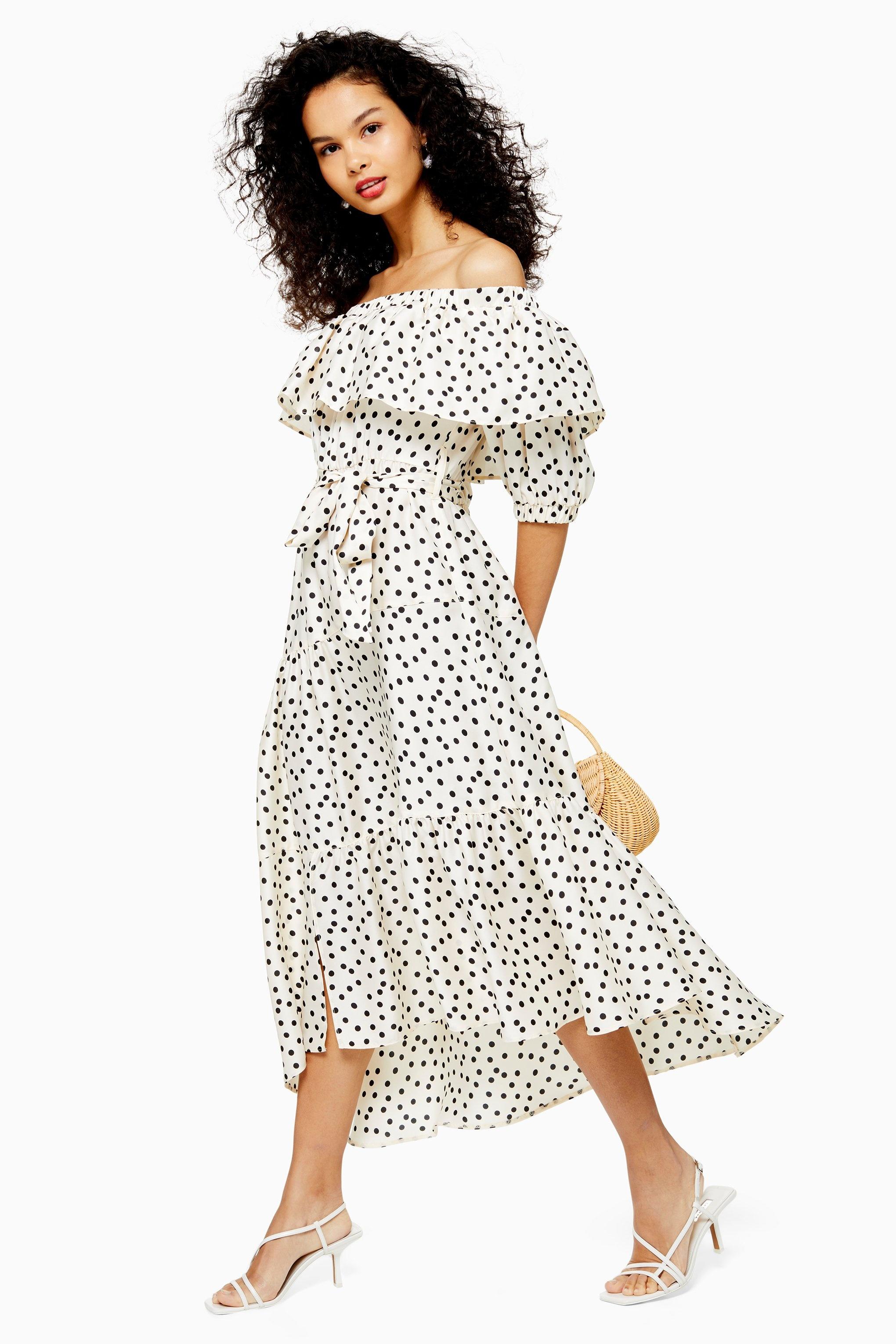 black and white polka dot bardot dress