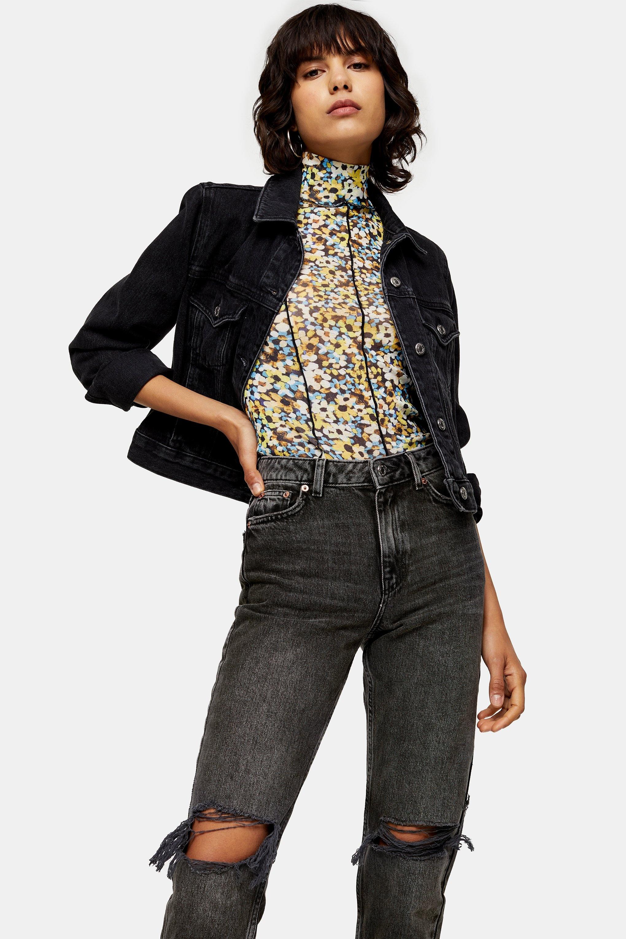 mid blue double knee ripped mom jeans