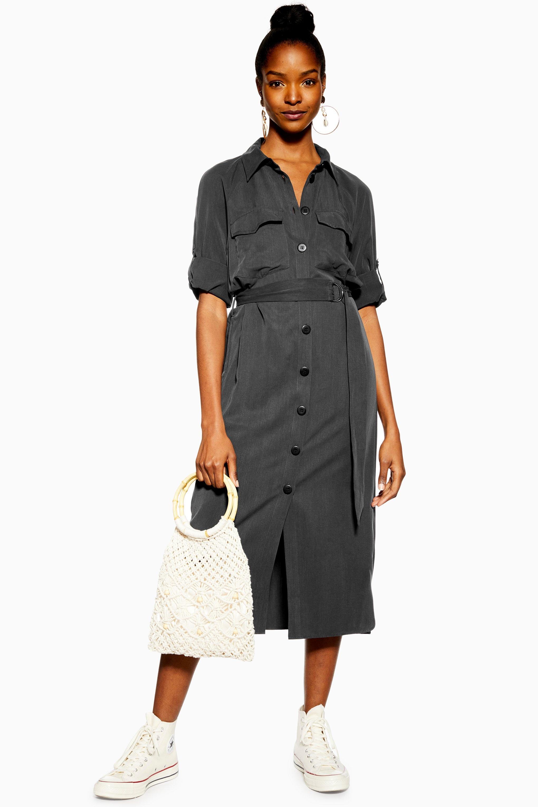 belted utility midi shirt dress