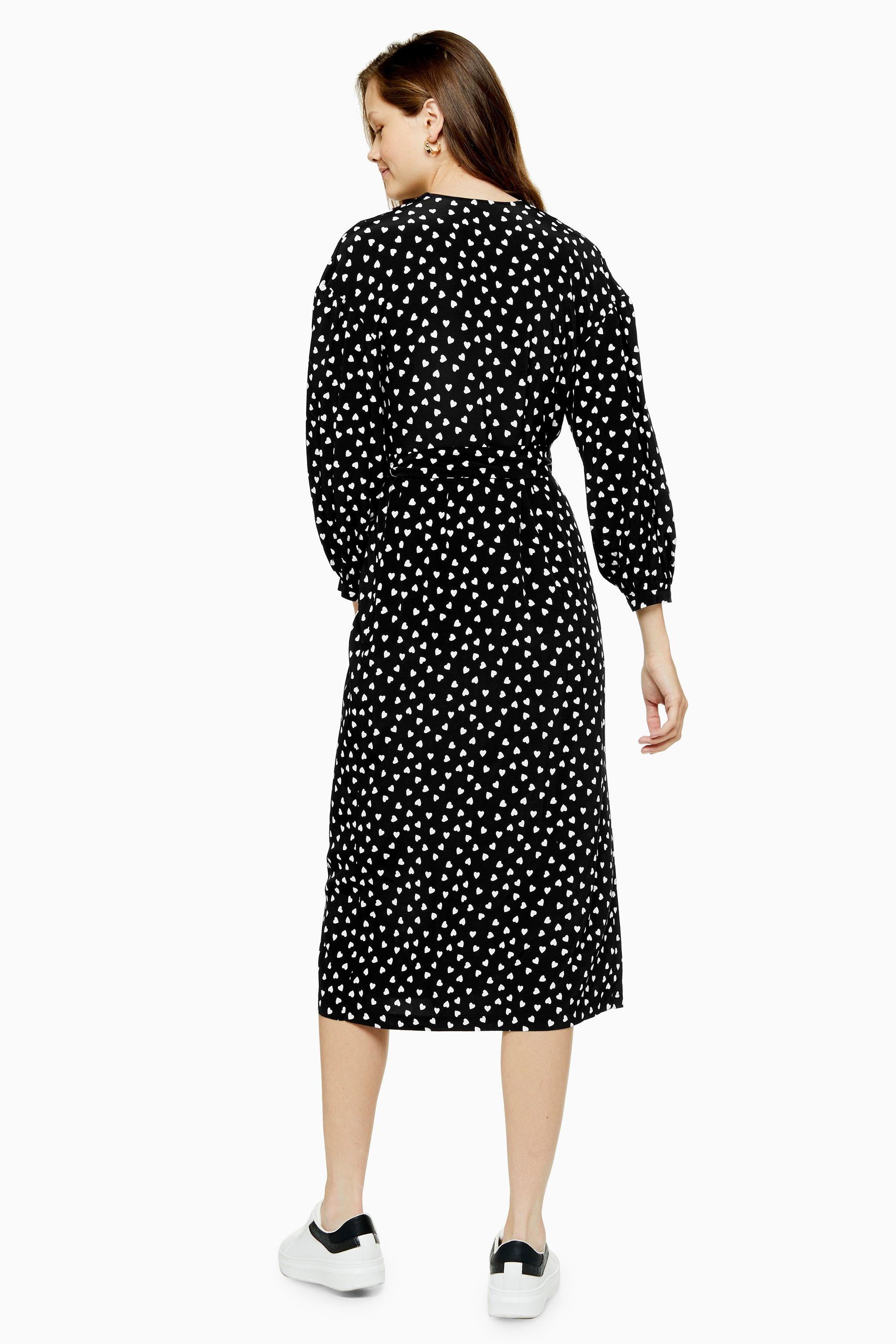 black and white heart print wrap dress