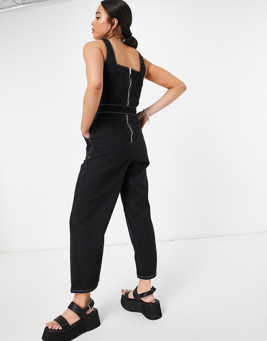 TOPSHOP Square Neck Cotton Denim Jumpsuit in Black Lyst UK