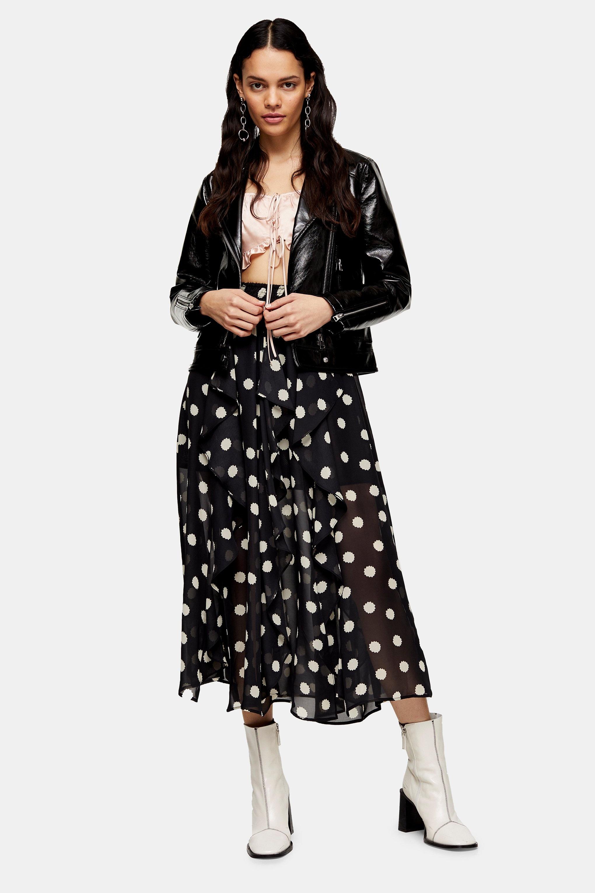 black satin spot ruffle midi dress