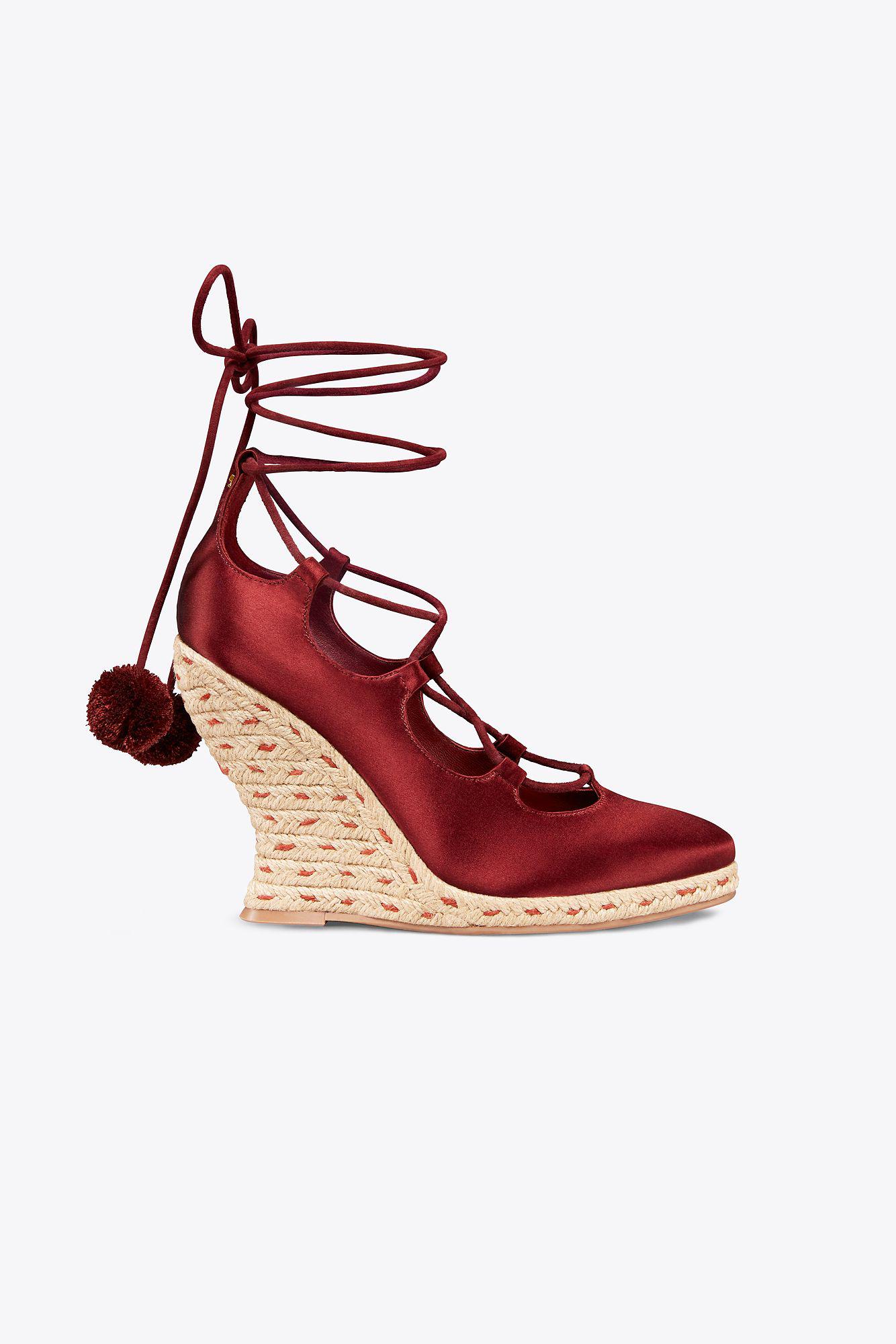 Tory Burch Pompom-embellished Lace-up Satin Wedge Espadrilles Merlot in Red  | Lyst