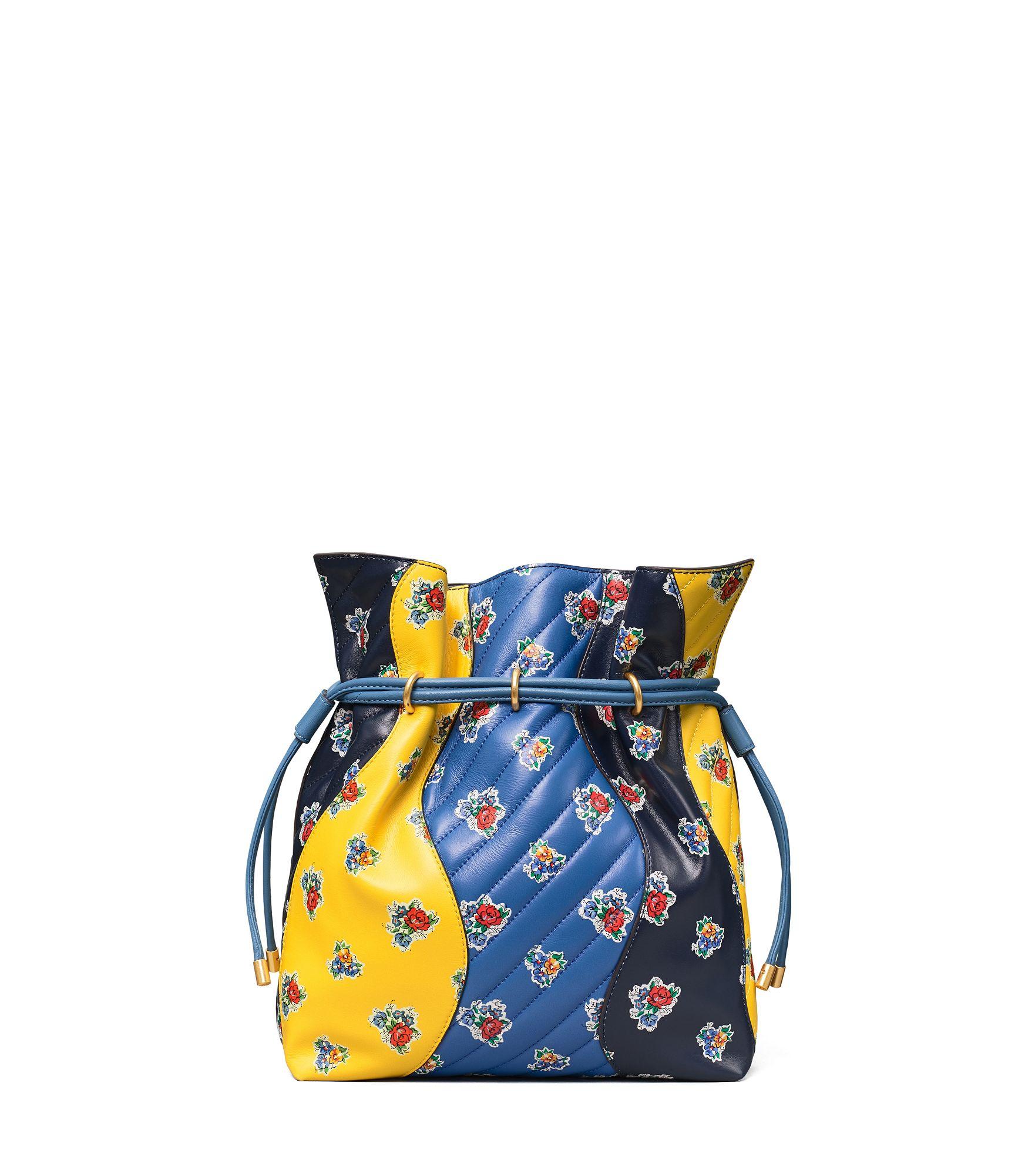 Tory Burch Kira Chevron Floral Patchwork Bucket Bag in Blue | Lyst